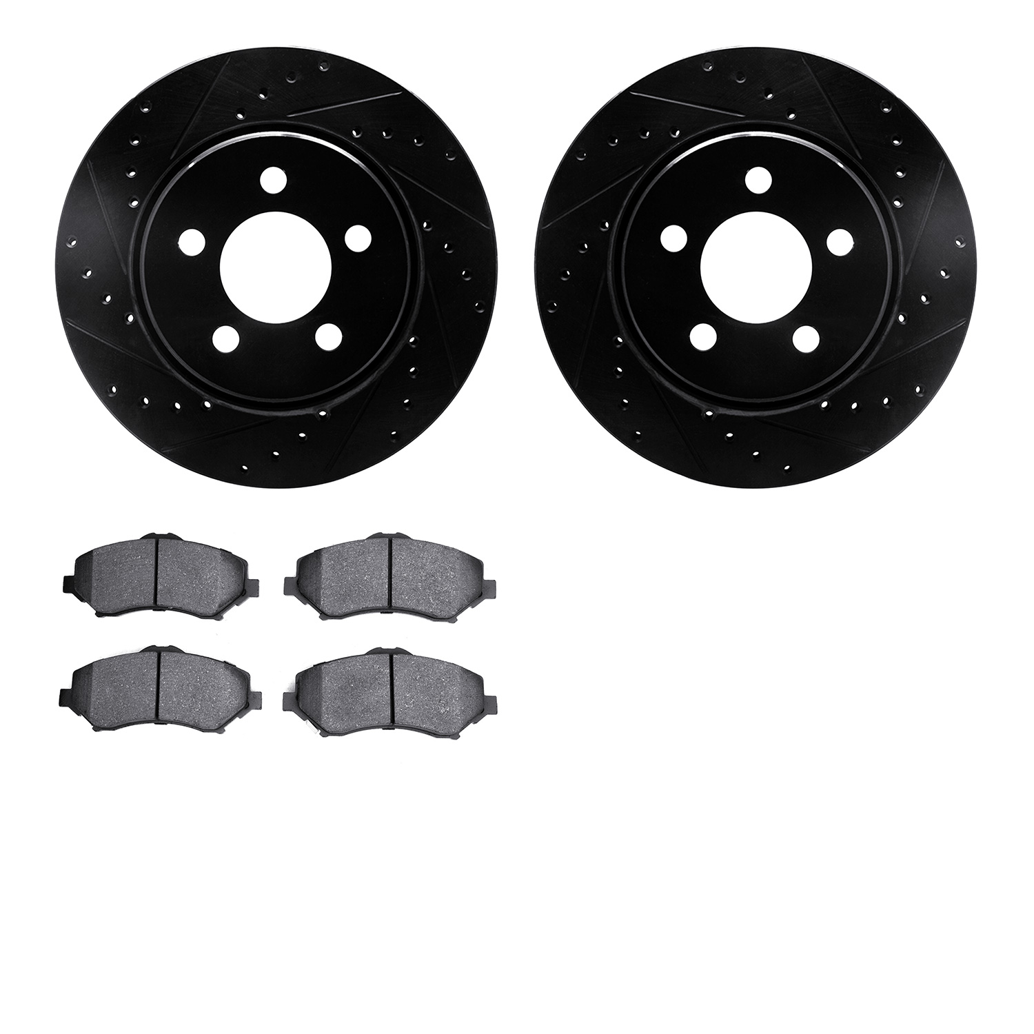 8202-42034 Drilled/Slotted Rotors w/Heavy-Duty Brake Pads Kit [Silver], 2007-2012 Mopar, Position: Front