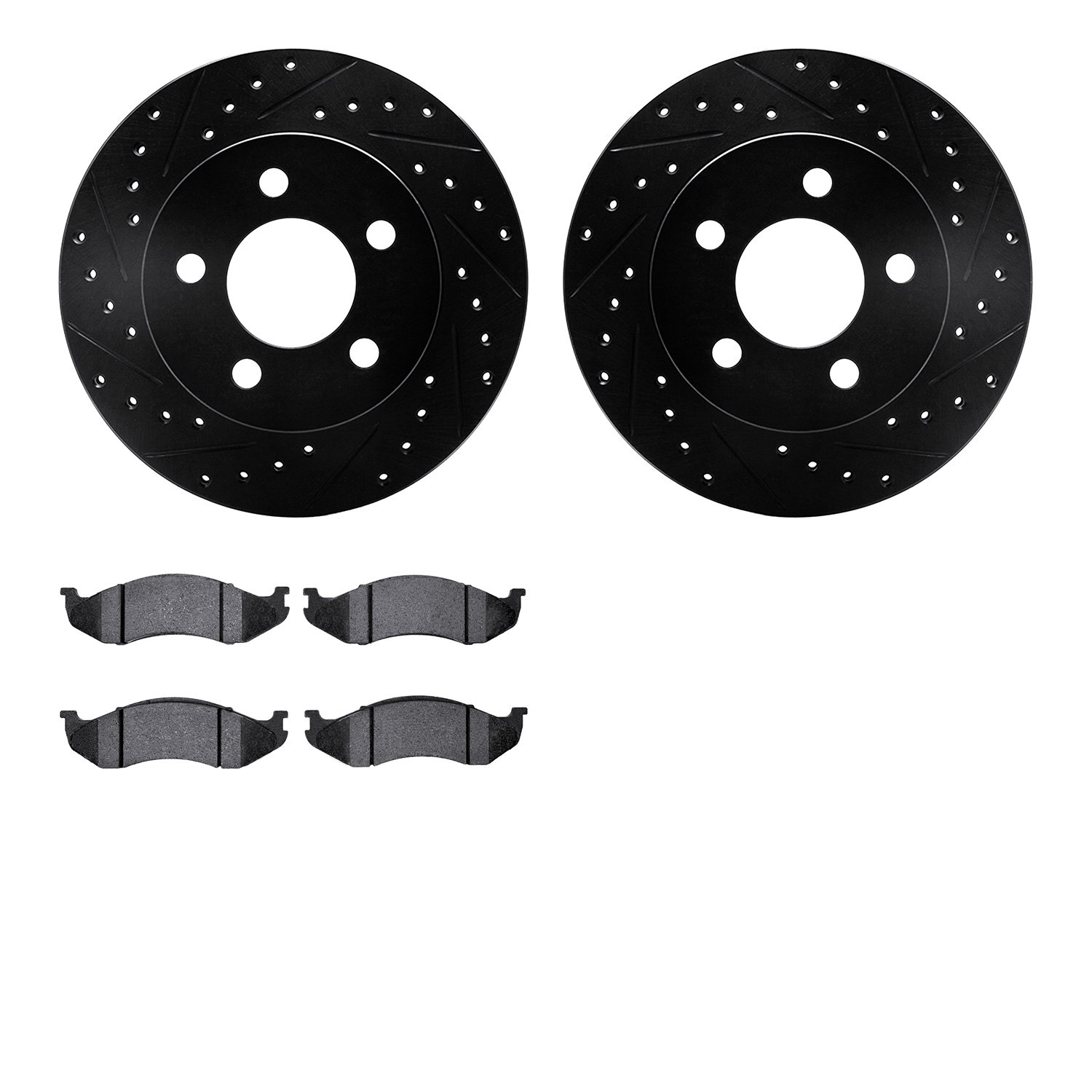 8202-42038 Drilled/Slotted Rotors w/Heavy-Duty Brake Pads Kit [Silver], 1990-1999 Mopar, Position: Front