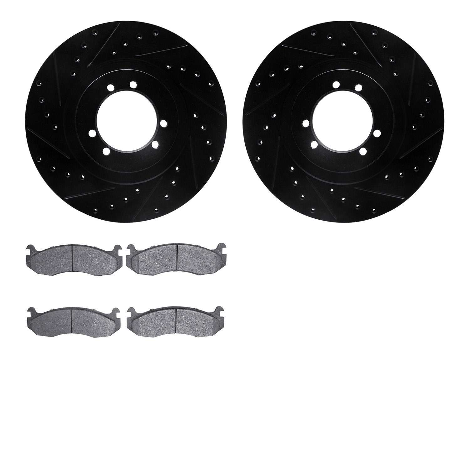 8202-44003 Drilled/Slotted Rotors w/Heavy-Duty Brake Pads Kit [Silver], 1996-2006 Mopar, Position: Front