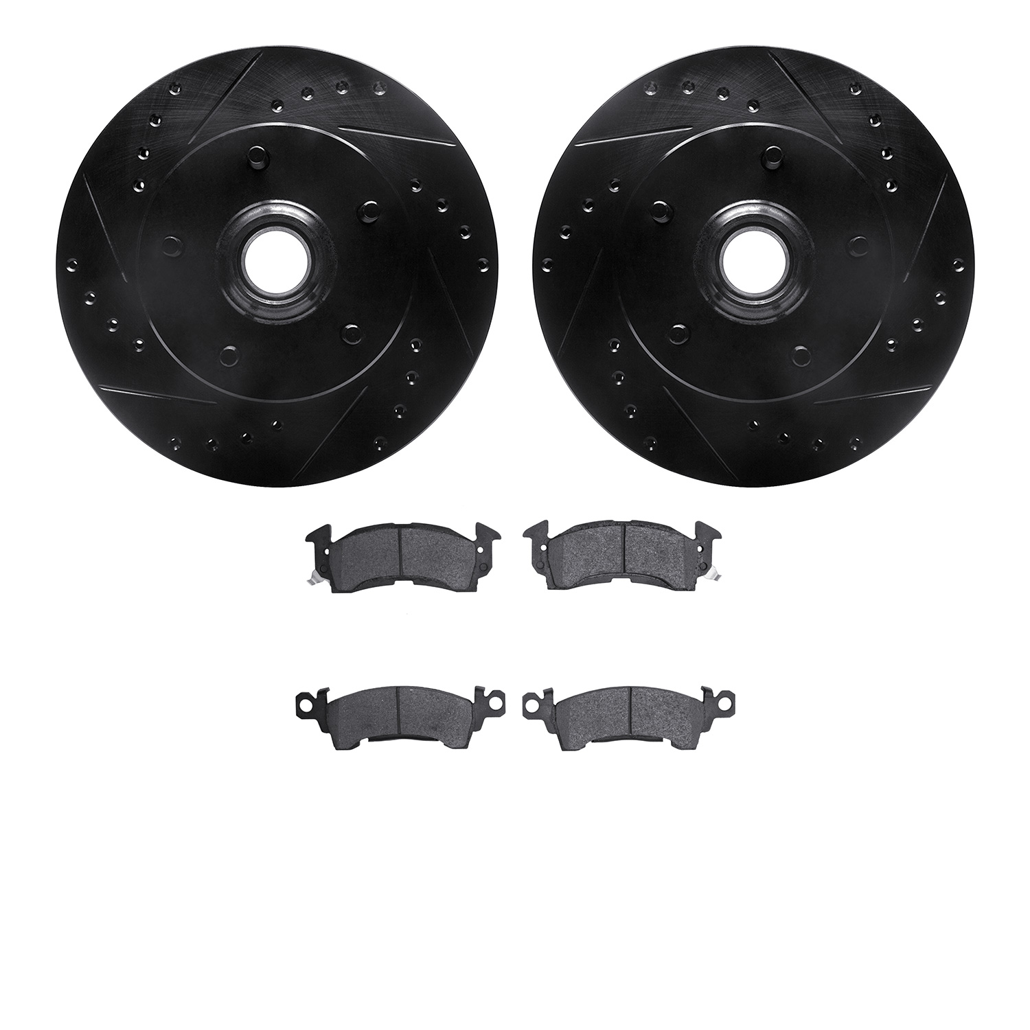8202-47014 Drilled/Slotted Rotors w/Heavy-Duty Brake Pads Kit [Silver], 1969-1974 GM, Position: Front
