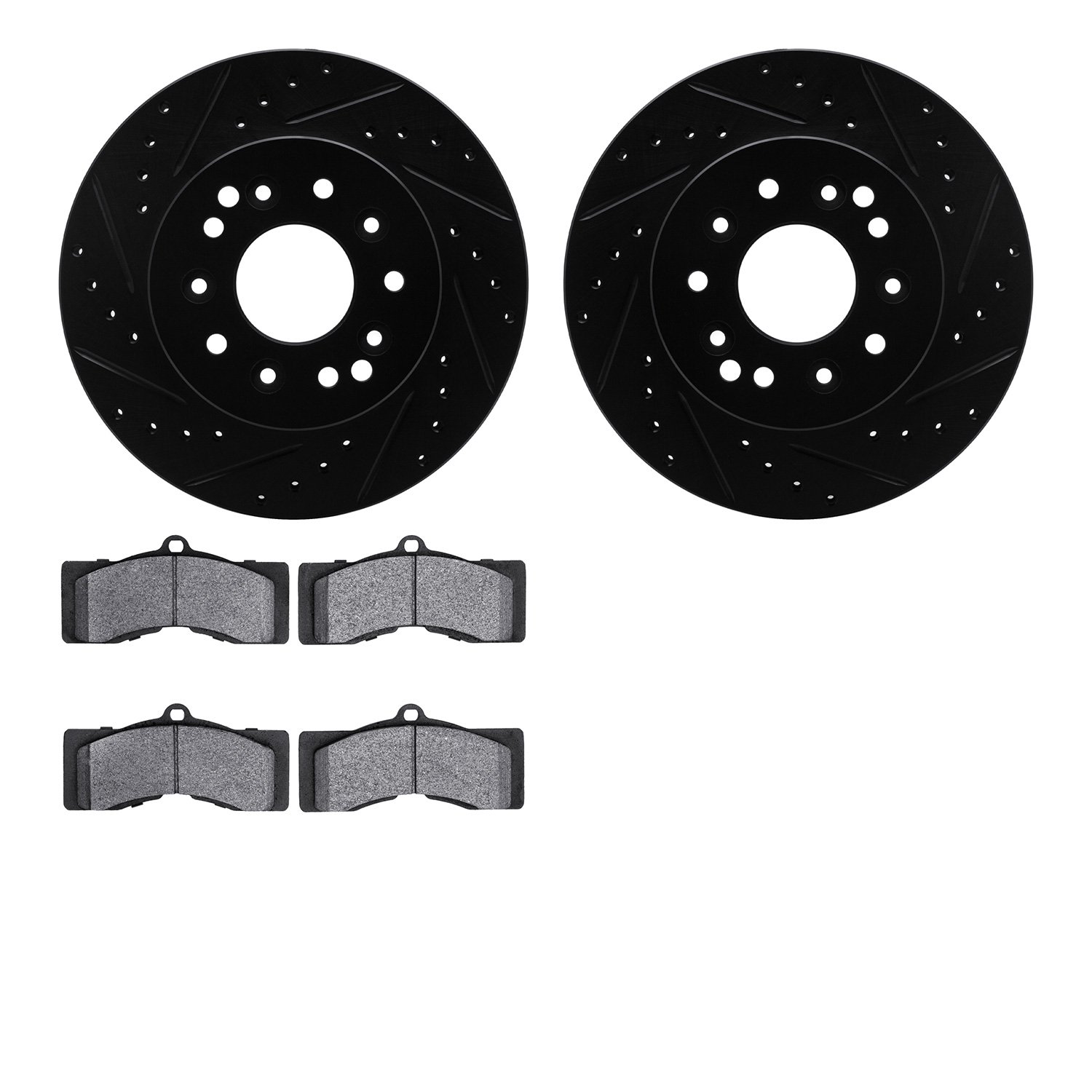 8202-47023 Drilled/Slotted Rotors w/Heavy-Duty Brake Pads Kit [Silver], 1963-1982 GM, Position: Front, Rear