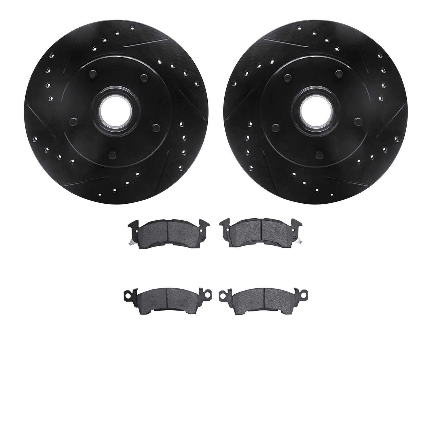8202-47032 Drilled/Slotted Rotors w/Heavy-Duty Brake Pads Kit [Silver], 1978-1990 GM, Position: Front