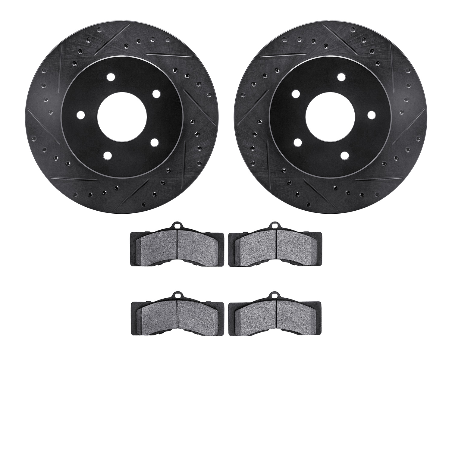 8202-47034 Drilled/Slotted Rotors w/Heavy-Duty Brake Pads Kit [Silver], 1963-1982 GM, Position: Front