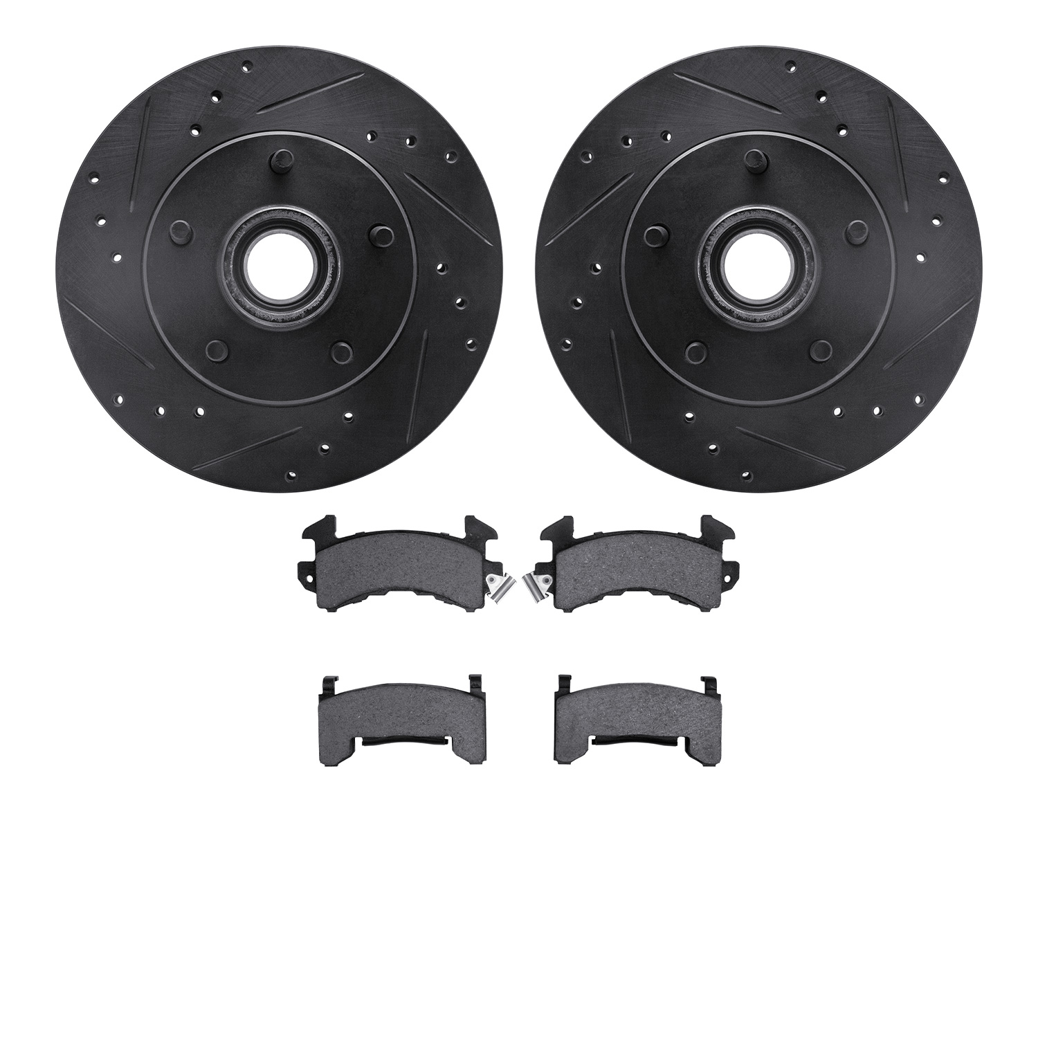 8202-47088 Drilled/Slotted Rotors w/Heavy-Duty Brake Pads Kit [Silver], 1982-1995 GM, Position: Front