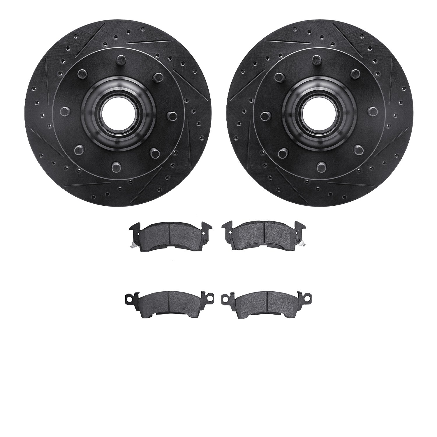 8202-48008 Drilled/Slotted Rotors w/Heavy-Duty Brake Pads Kit [Silver], 1971-1989 GM, Position: Front