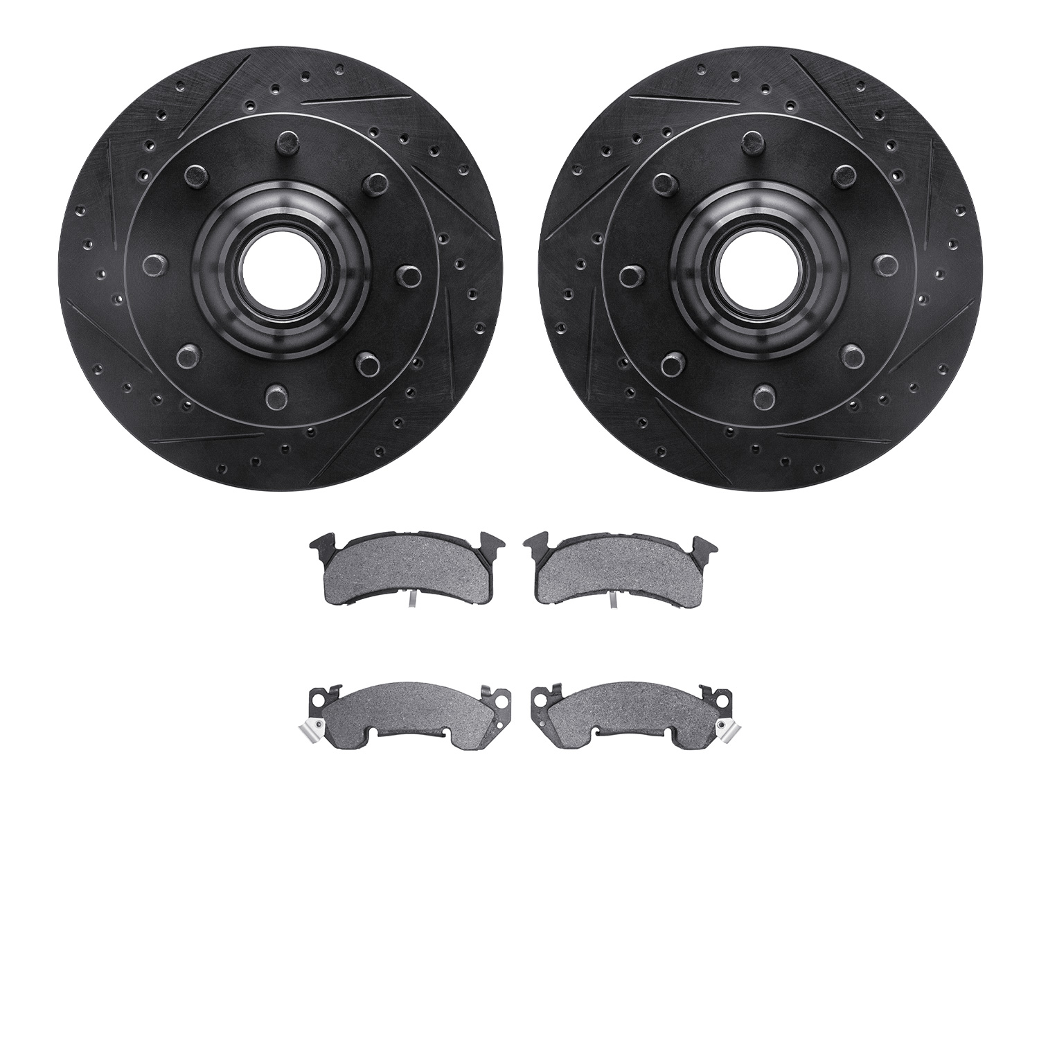 8202-48009 Drilled/Slotted Rotors w/Heavy-Duty Brake Pads Kit [Silver], 1978-1993 GM, Position: Front