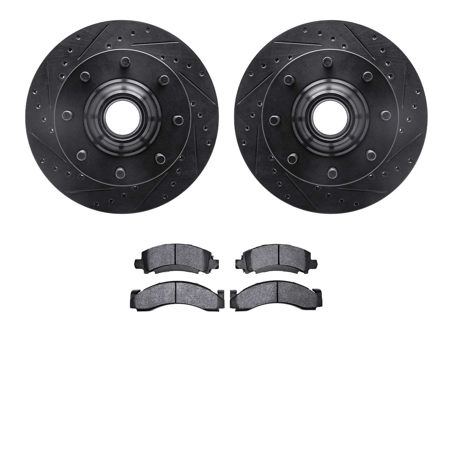8202-48010 Drilled/Slotted Rotors w/Heavy-Duty Brake Pads Kit [Silver], 1994-1995 GM, Position: Front