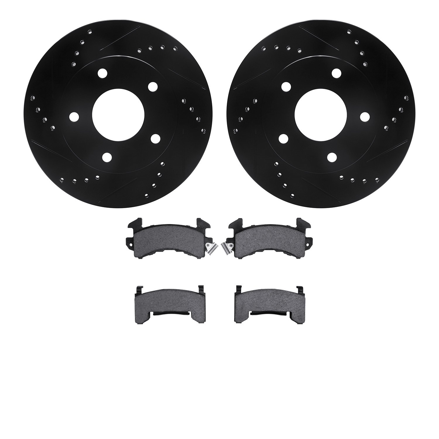 8202-48012 Drilled/Slotted Rotors w/Heavy-Duty Brake Pads Kit [Silver], 1979-1998 GM, Position: Front