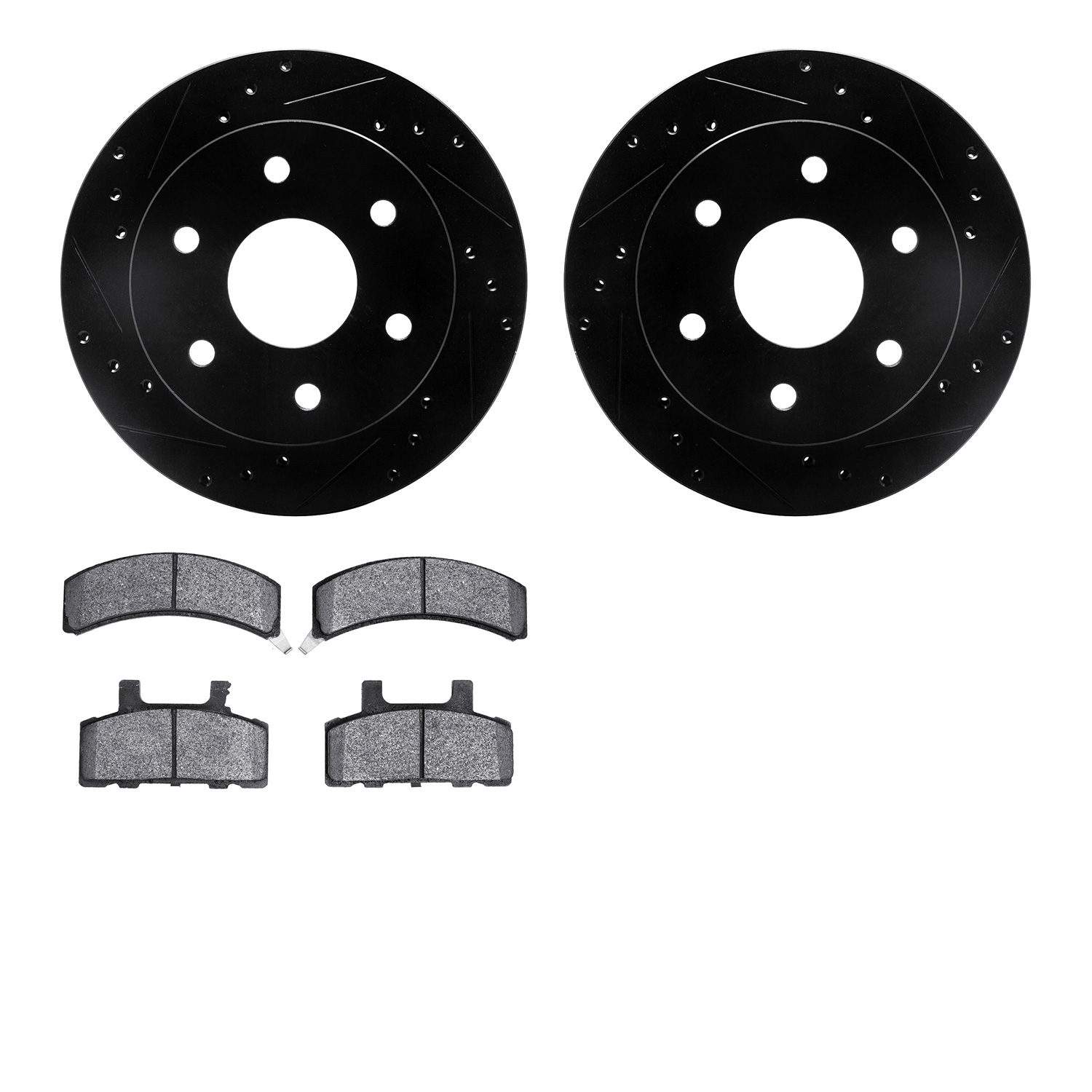 8202-48015 Drilled/Slotted Rotors w/Heavy-Duty Brake Pads Kit [Silver], 1988-1991 GM, Position: Front