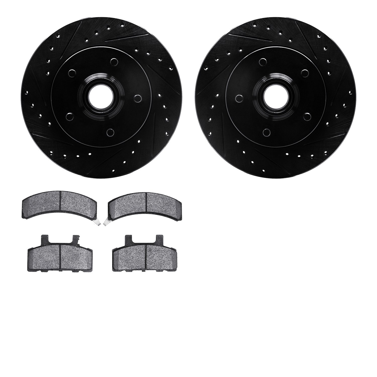 8202-48018 Drilled/Slotted Rotors w/Heavy-Duty Brake Pads Kit [Silver], 1988-1991 GM, Position: Front