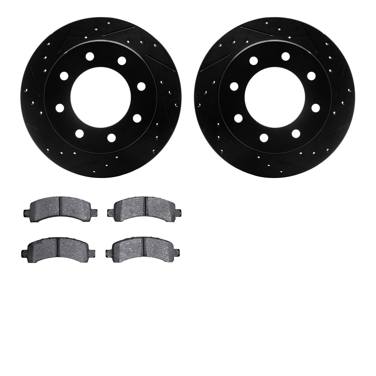8202-48022 Drilled/Slotted Rotors w/Heavy-Duty Brake Pads Kit [Silver], 2003-2020 GM, Position: Rear
