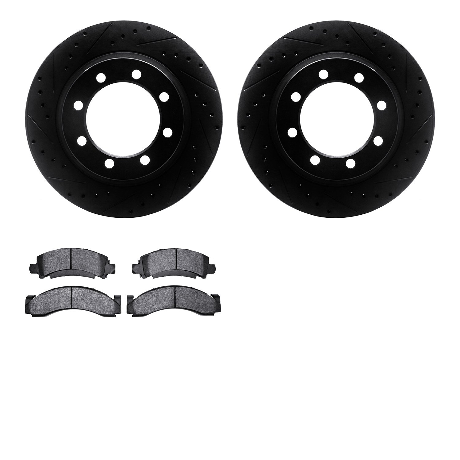 8202-48025 Drilled/Slotted Rotors w/Heavy-Duty Brake Pads Kit [Silver], 1976-1996 GM, Position: Front