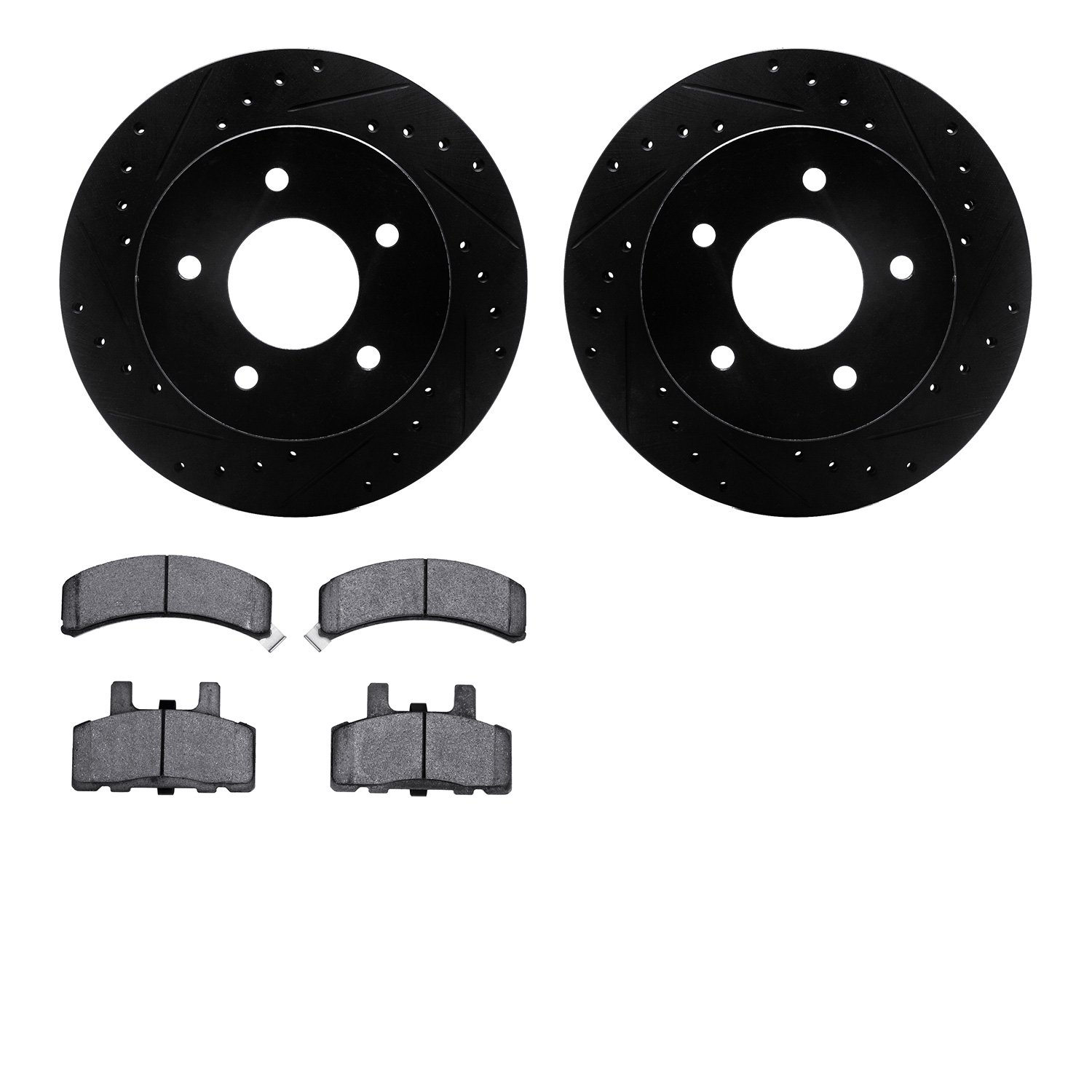 8202-48031 Drilled/Slotted Rotors w/Heavy-Duty Brake Pads Kit [Silver], 1990-2002 GM, Position: Front