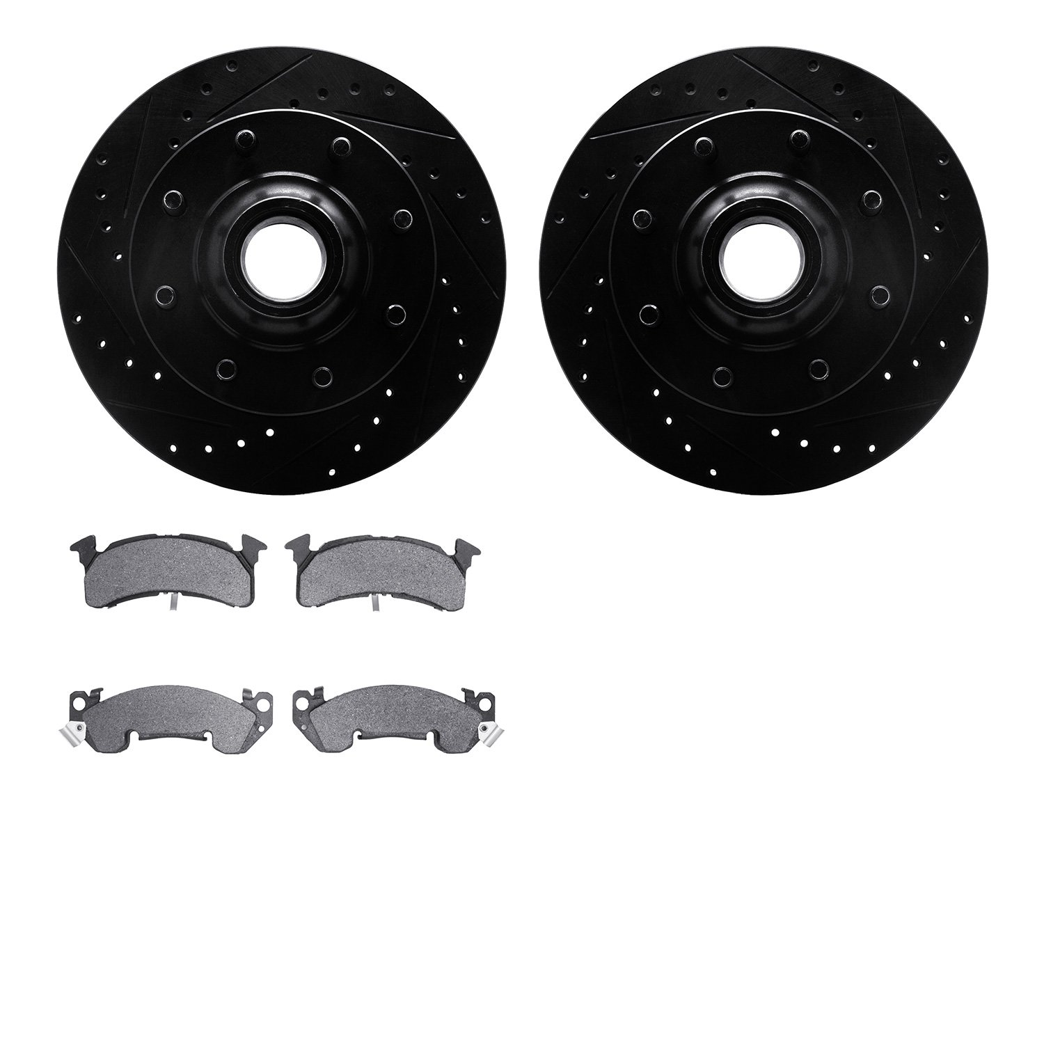 8202-48034 Drilled/Slotted Rotors w/Heavy-Duty Brake Pads Kit [Silver], 1993-1995 GM, Position: Front