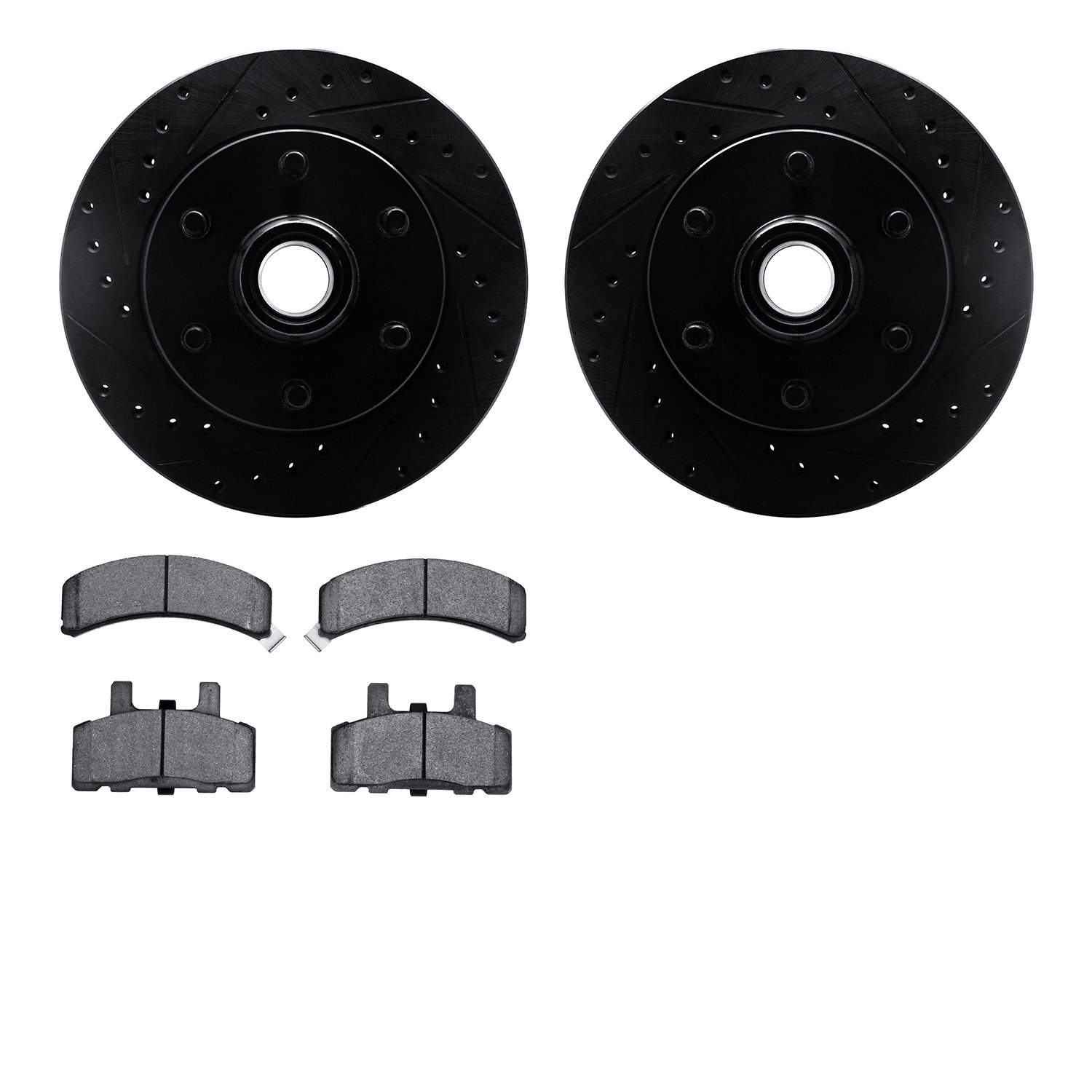 8202-48046 Drilled/Slotted Rotors w/Heavy-Duty Brake Pads Kit [Silver], 1994-2002 GM, Position: Front
