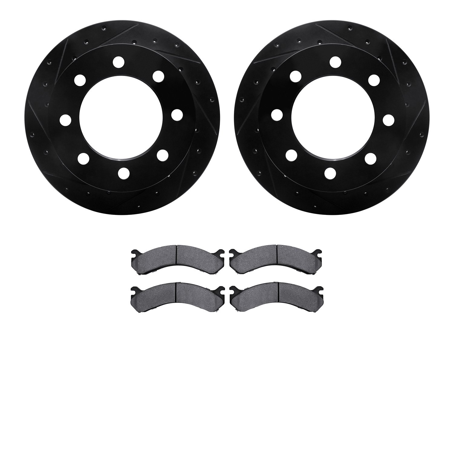 8202-48048 Drilled/Slotted Rotors w/Heavy-Duty Brake Pads Kit [Silver], 2001-2010 GM, Position: Rear