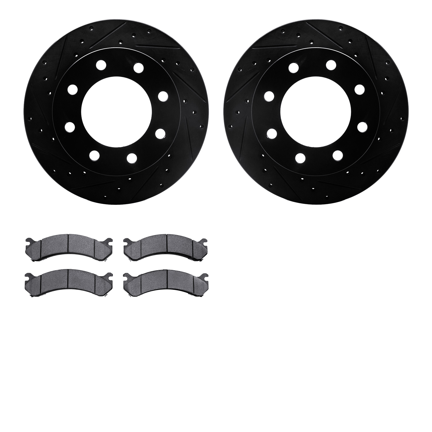 8202-48054 Drilled/Slotted Rotors w/Heavy-Duty Brake Pads Kit [Silver], 1999-2020 GM, Position: Front