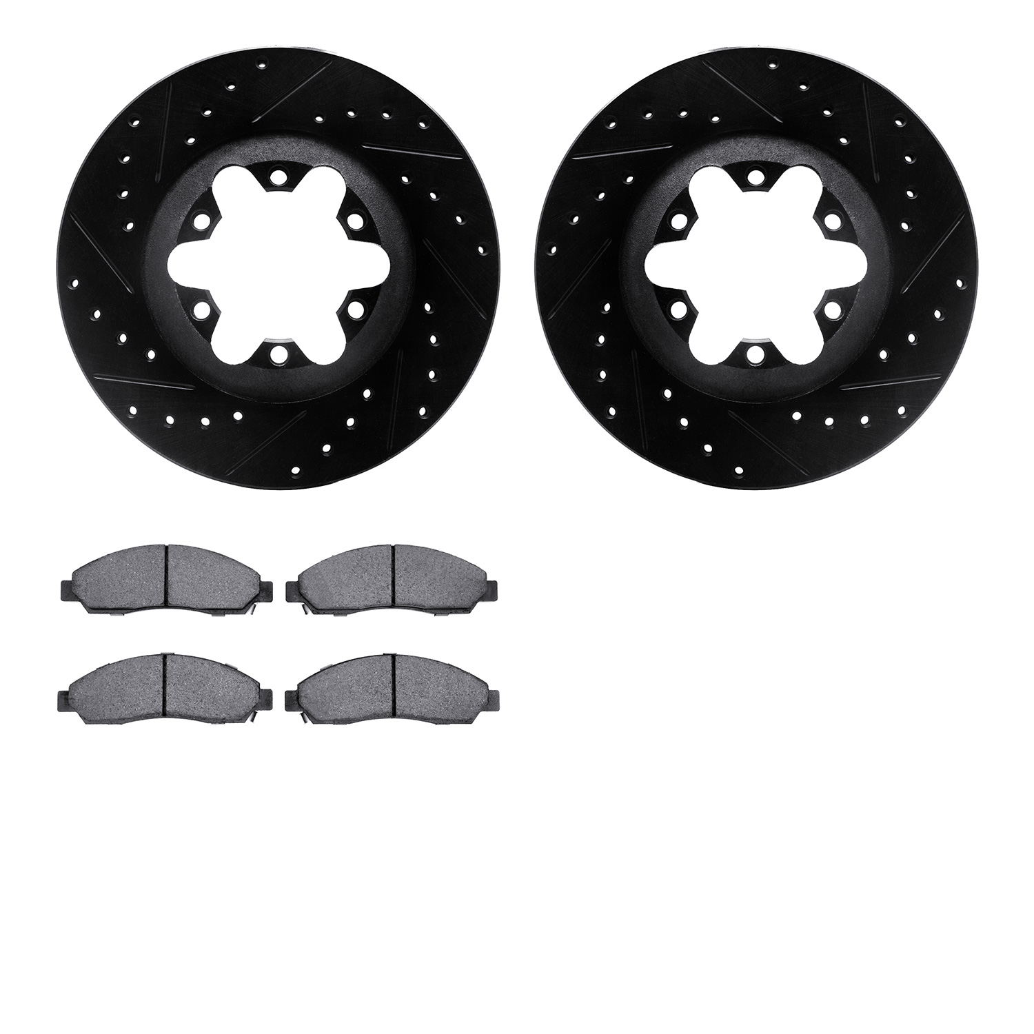 8202-48057 Drilled/Slotted Rotors w/Heavy-Duty Brake Pads Kit [Silver], 2004-2008 GM, Position: Front