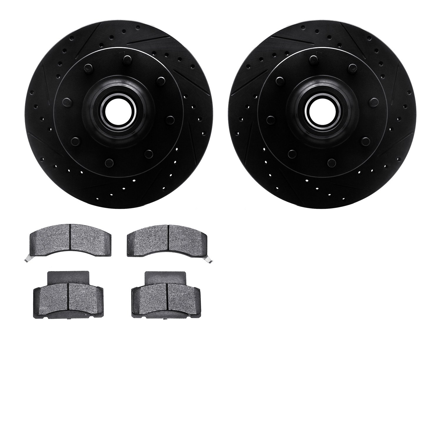 8202-48062 Drilled/Slotted Rotors w/Heavy-Duty Brake Pads Kit [Silver], 2001-2002 GM, Position: Front