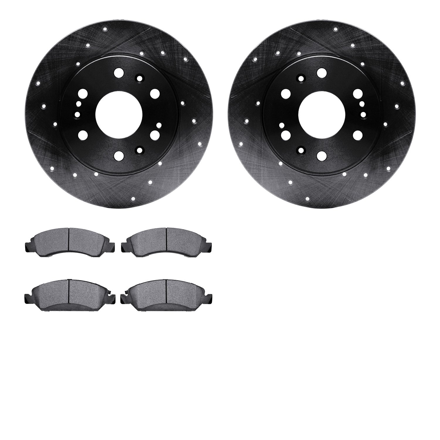 8202-48075 Drilled/Slotted Rotors w/Heavy-Duty Brake Pads Kit [Silver], 2005-2020 GM, Position: Front