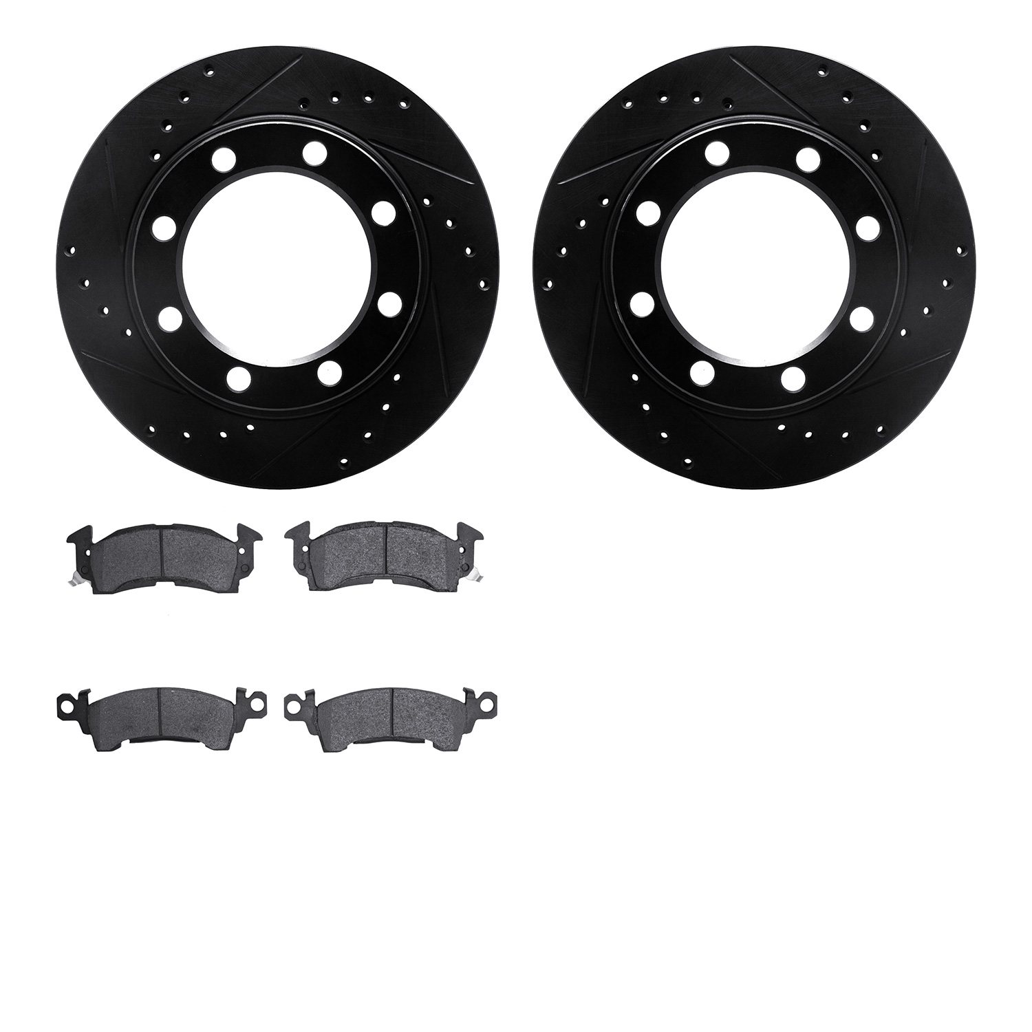 8202-48094 Drilled/Slotted Rotors w/Heavy-Duty Brake Pads Kit [Silver], 1971-1988 Multiple Makes/Models, Position: Front