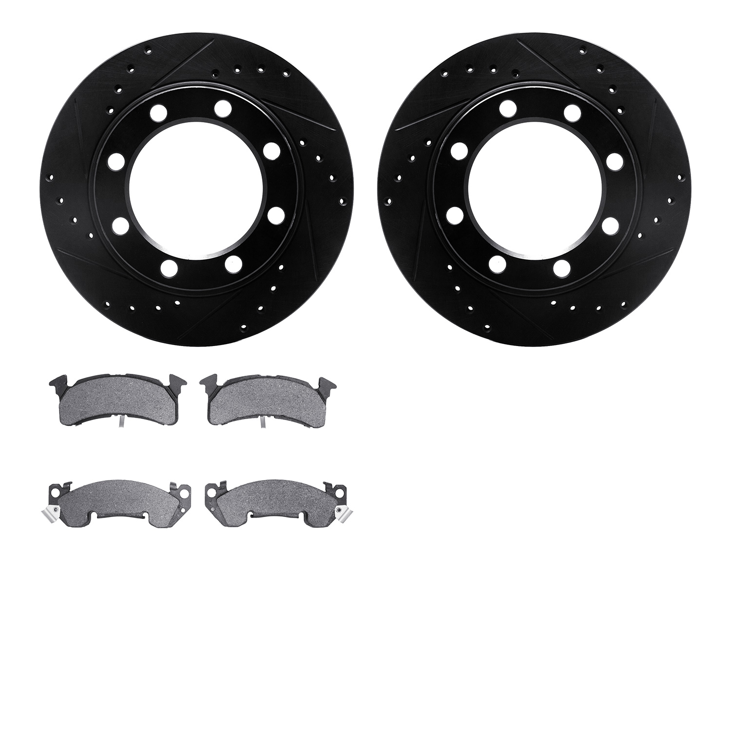 8202-48095 Drilled/Slotted Rotors w/Heavy-Duty Brake Pads Kit [Silver], 1979-1991 GM, Position: Front