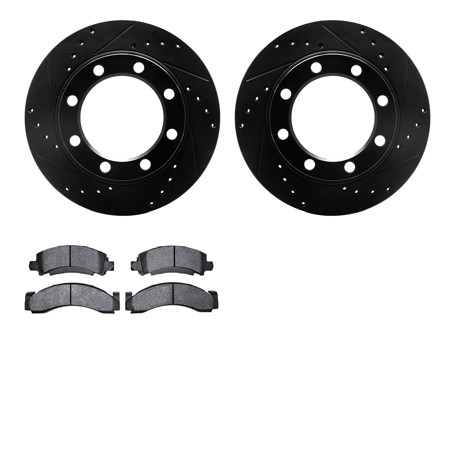 8202-48096 Drilled/Slotted Rotors w/Heavy-Duty Brake Pads Kit [Silver], 1971-1973 GM, Position: Front