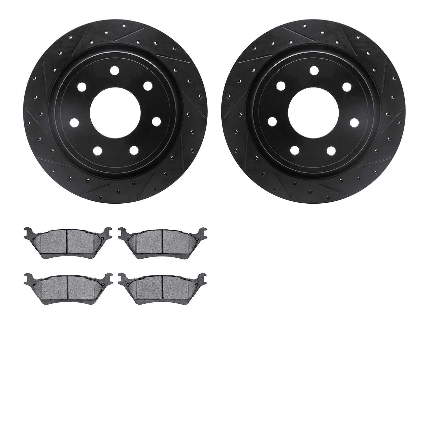 8202-54009 Drilled/Slotted Rotors w/Heavy-Duty Brake Pads Kit [Silver], 2012-2014 Ford/Lincoln/Mercury/Mazda, Position: Rear