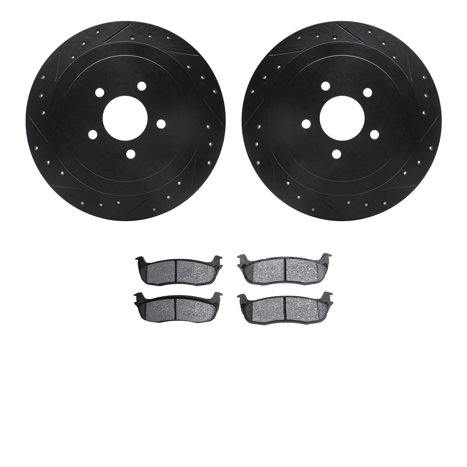 8202-55004 Drilled/Slotted Rotors w/Heavy-Duty Brake Pads Kit [Silver], 2003-2011 Ford/Lincoln/Mercury/Mazda, Position: Rear