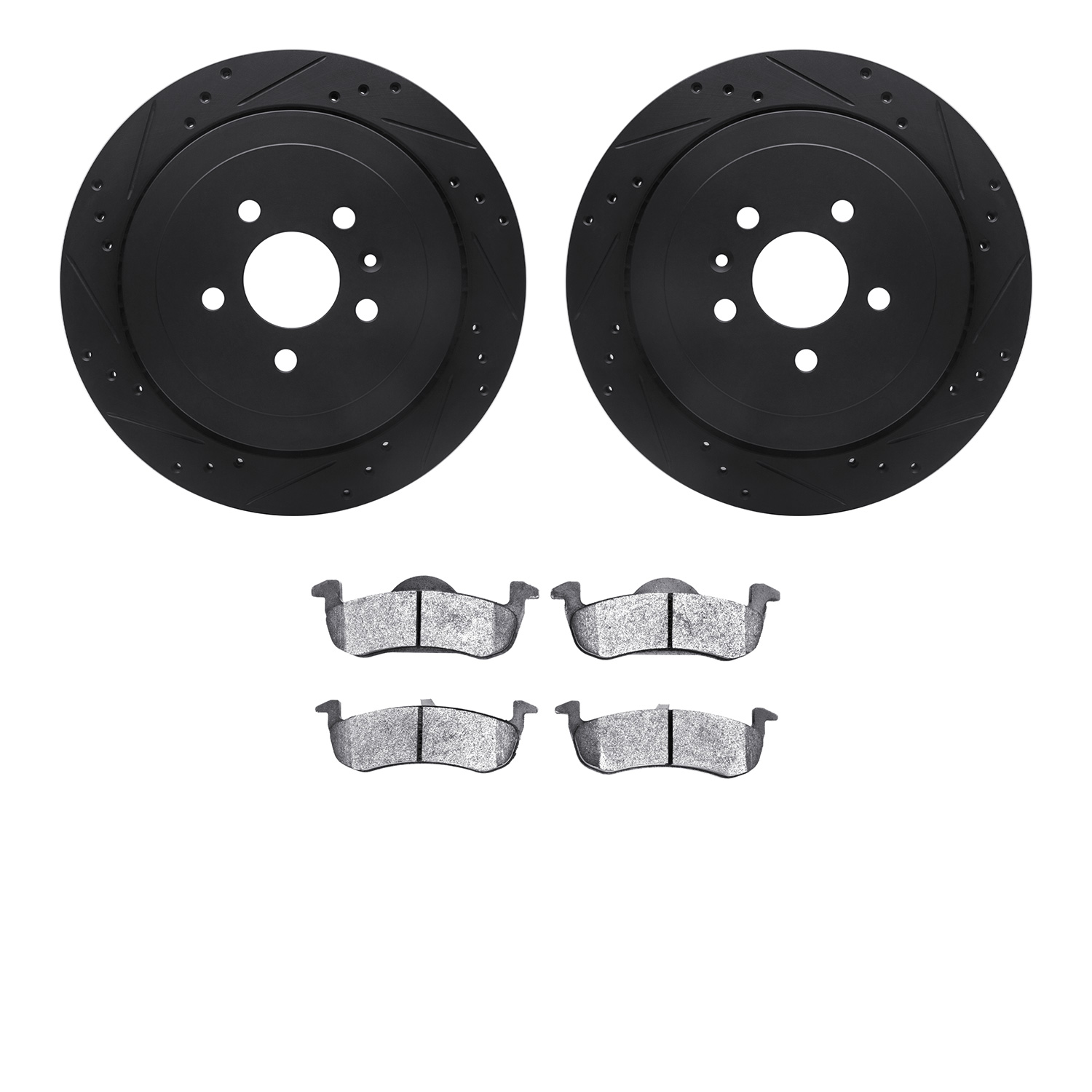 8202-55012 Drilled/Slotted Rotors w/Heavy-Duty Brake Pads Kit [Silver], 2013-2016 Ford/Lincoln/Mercury/Mazda, Position: Rear