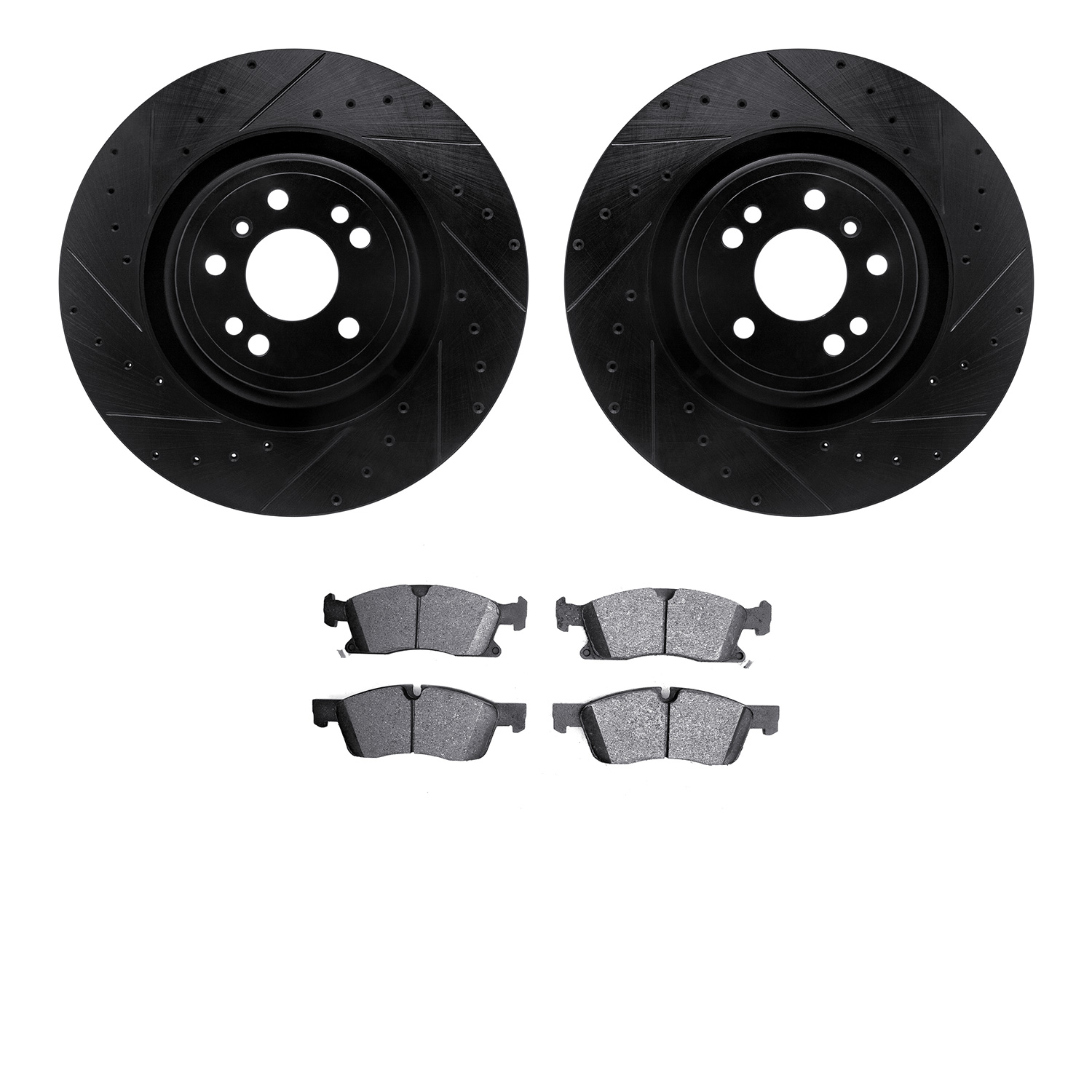 8202-63003 Drilled/Slotted Rotors w/Heavy-Duty Brake Pads Kit [Silver], 2013-2019 Mercedes-Benz, Position: Front