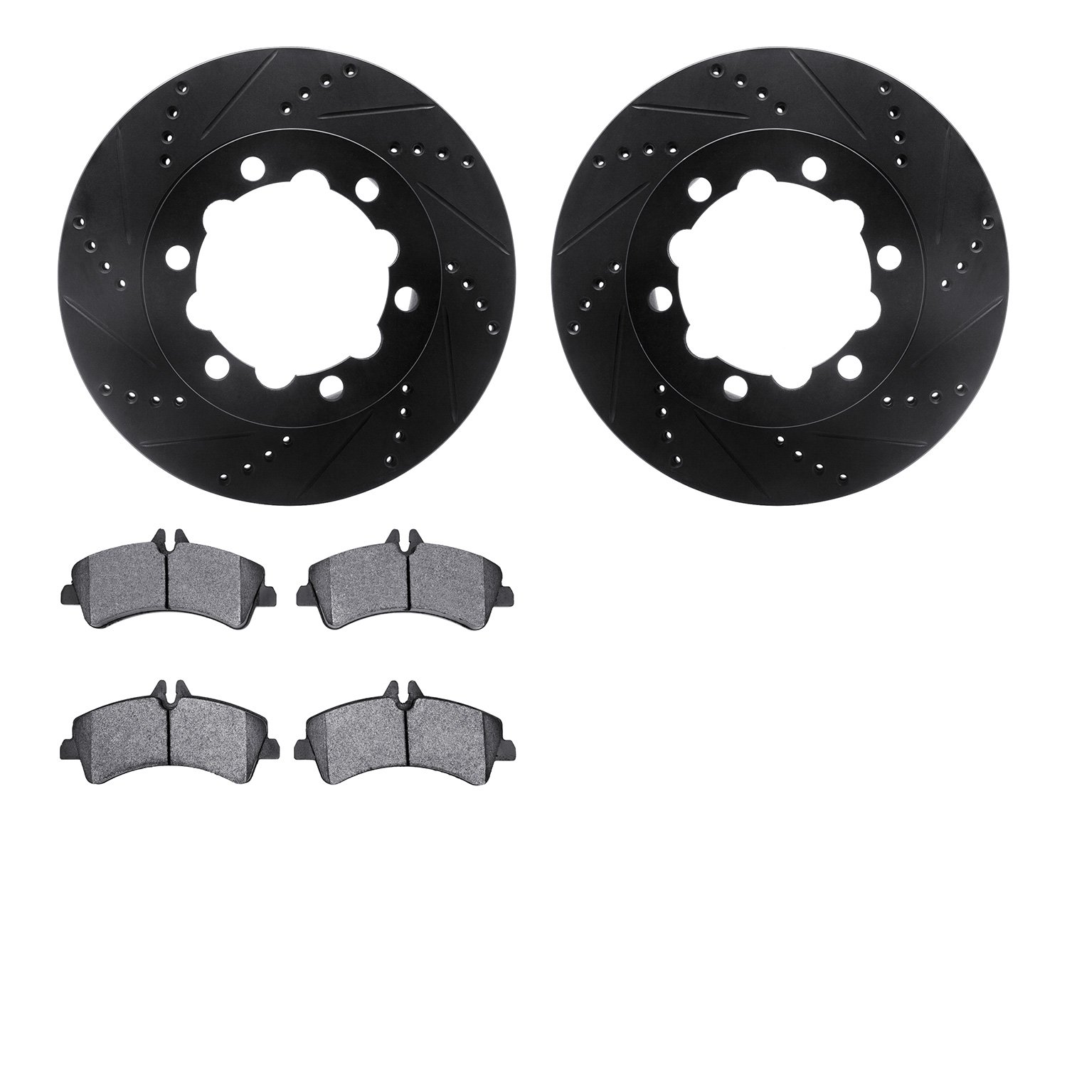 8202-63187 Drilled/Slotted Rotors w/Heavy-Duty Brake Pads Kit [Silver], 2007-2018 Multiple Makes/Models, Position: Rear