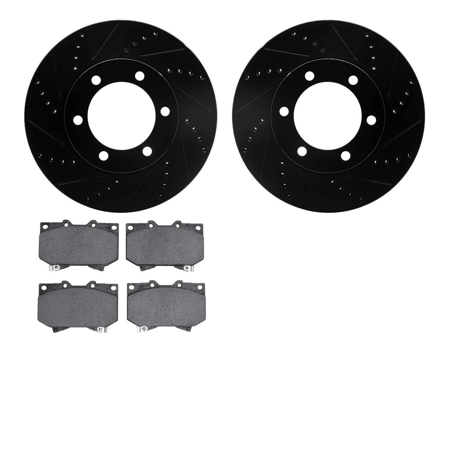 8202-76001 Drilled/Slotted Rotors w/Heavy-Duty Brake Pads Kit [Silver], 2000-2002 Lexus/Toyota/Scion, Position: Front