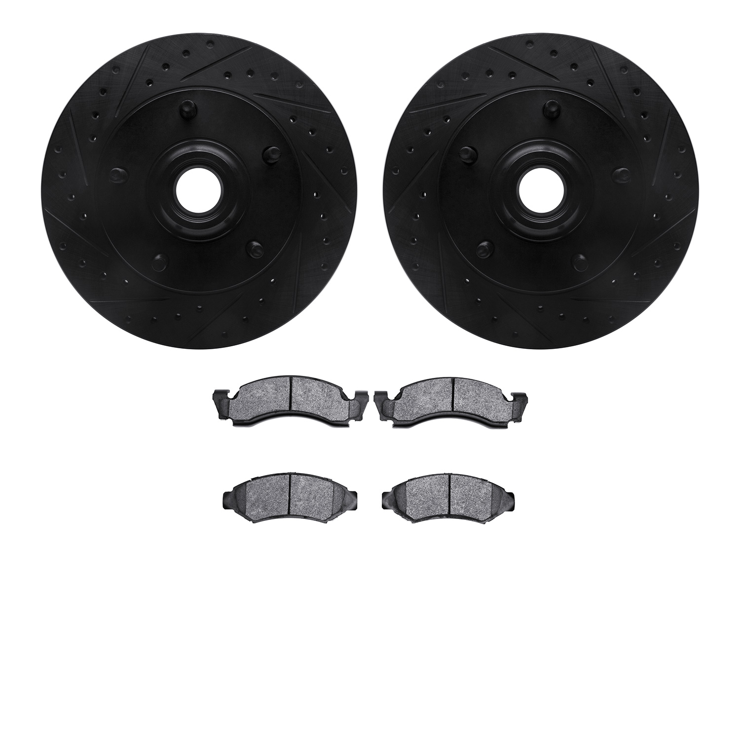 8202-99080 Drilled/Slotted Rotors w/Heavy-Duty Brake Pads Kit [Silver], 1986-1993 Ford/Lincoln/Mercury/Mazda, Position: Front