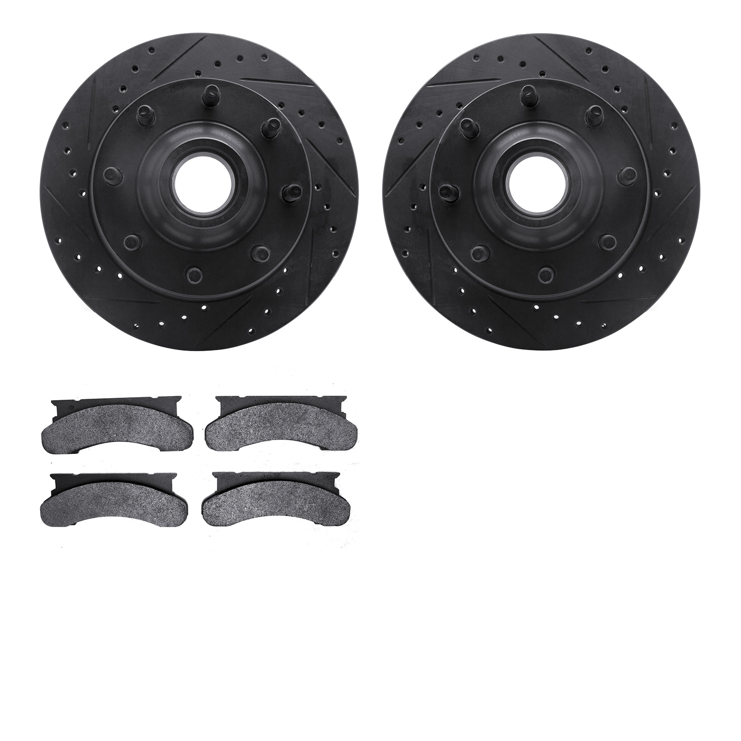 8202-99088 Drilled/Slotted Rotors w/Heavy-Duty Brake Pads Kit [Silver], 1980-1985 Ford/Lincoln/Mercury/Mazda, Position: Front