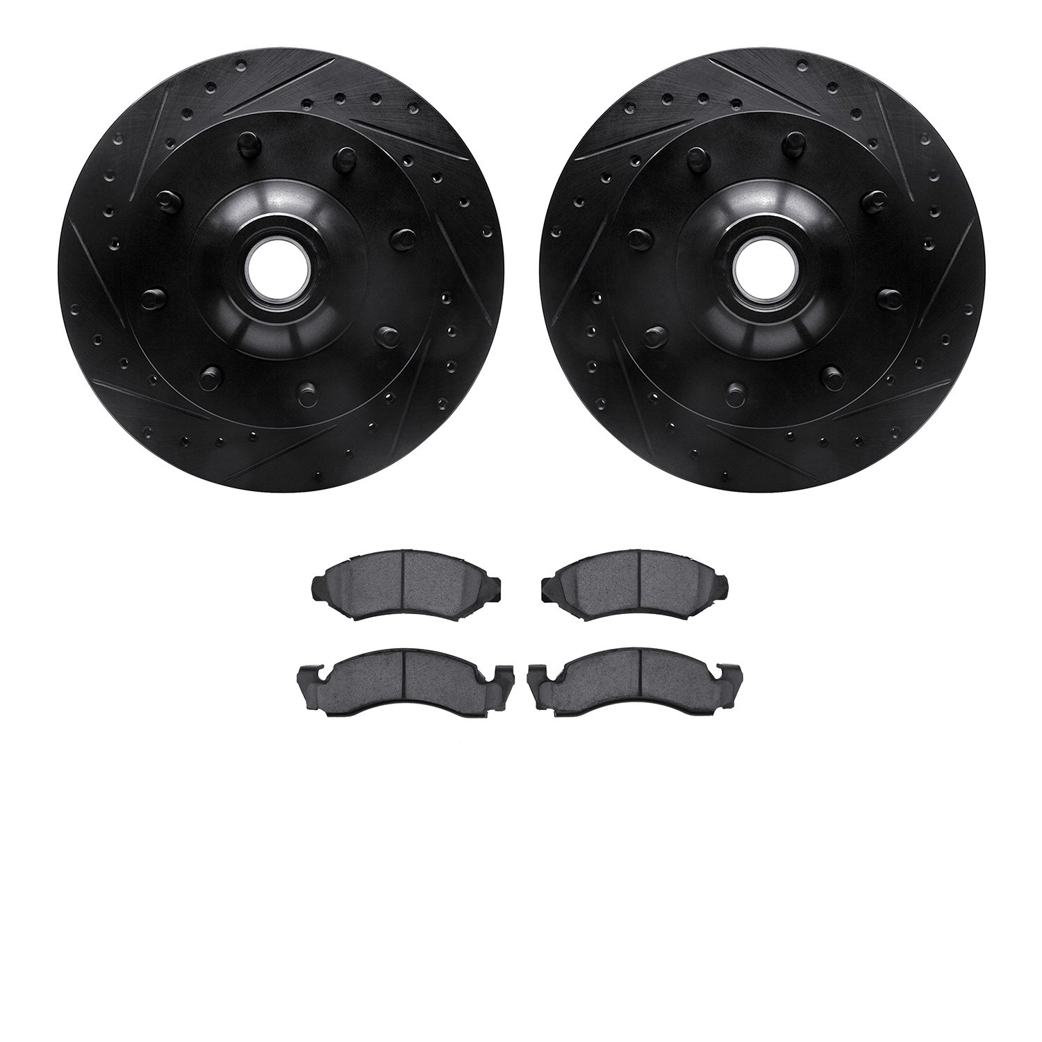 8202-99097 Drilled/Slotted Rotors w/Heavy-Duty Brake Pads Kit [Silver], 1980-1985 Ford/Lincoln/Mercury/Mazda, Position: Front