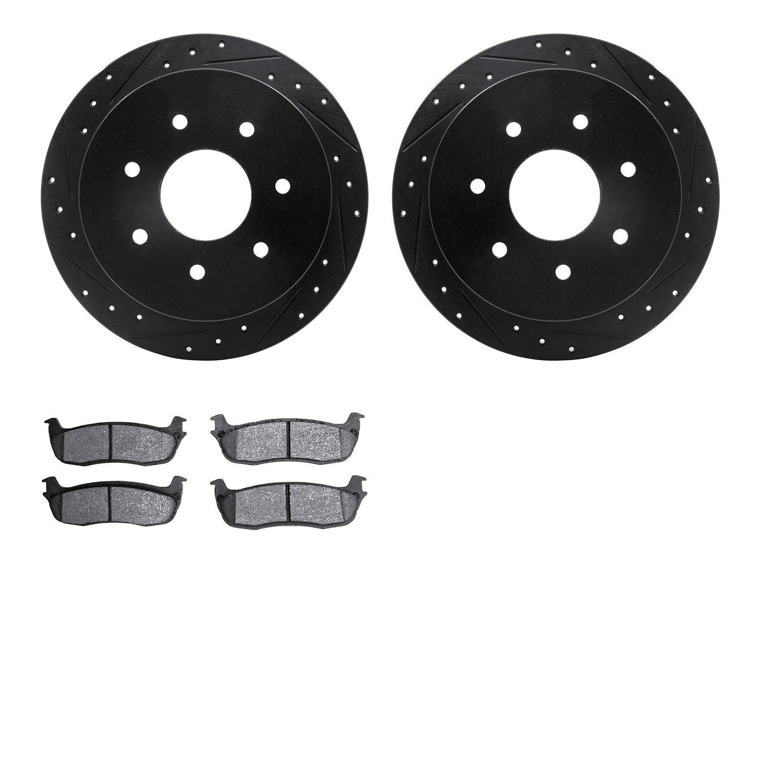 8202-99134 Drilled/Slotted Rotors w/Heavy-Duty Brake Pads Kit [Silver], 1997-2004 Ford/Lincoln/Mercury/Mazda, Position: Rear