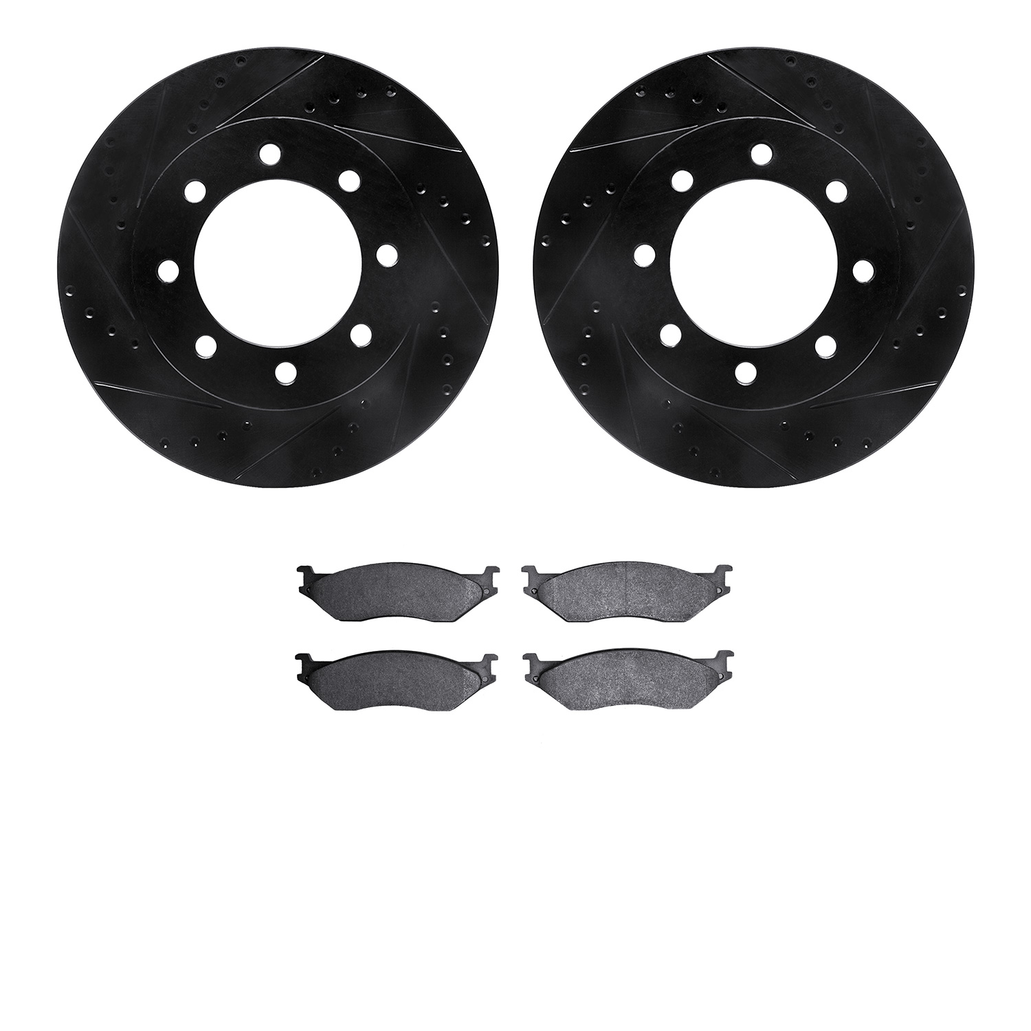 8202-99141 Drilled/Slotted Rotors w/Heavy-Duty Brake Pads Kit [Silver], 1999-2001 Ford/Lincoln/Mercury/Mazda, Position: Front