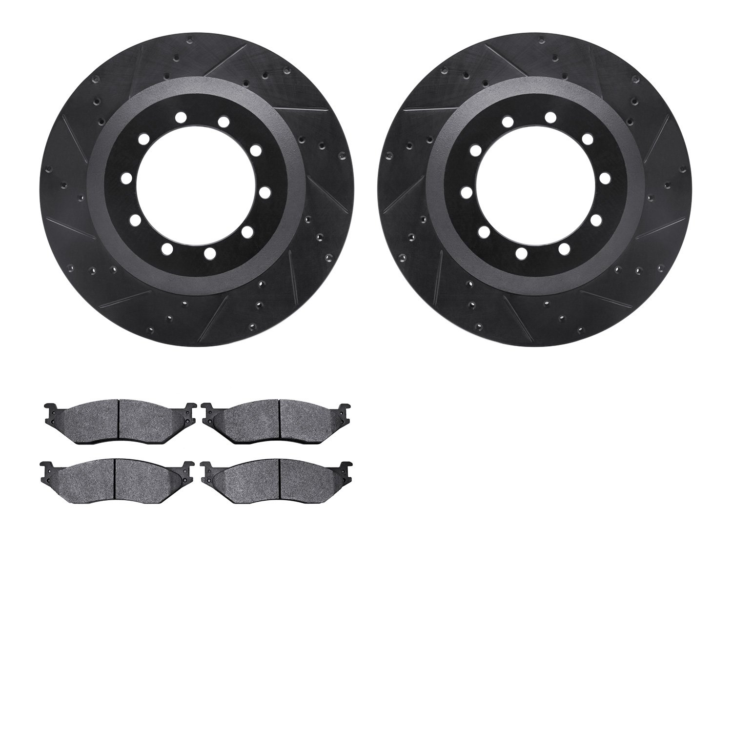 8202-99143 Drilled/Slotted Rotors w/Heavy-Duty Brake Pads Kit [Silver], 2006-2019 Ford/Lincoln/Mercury/Mazda, Position: Front, R