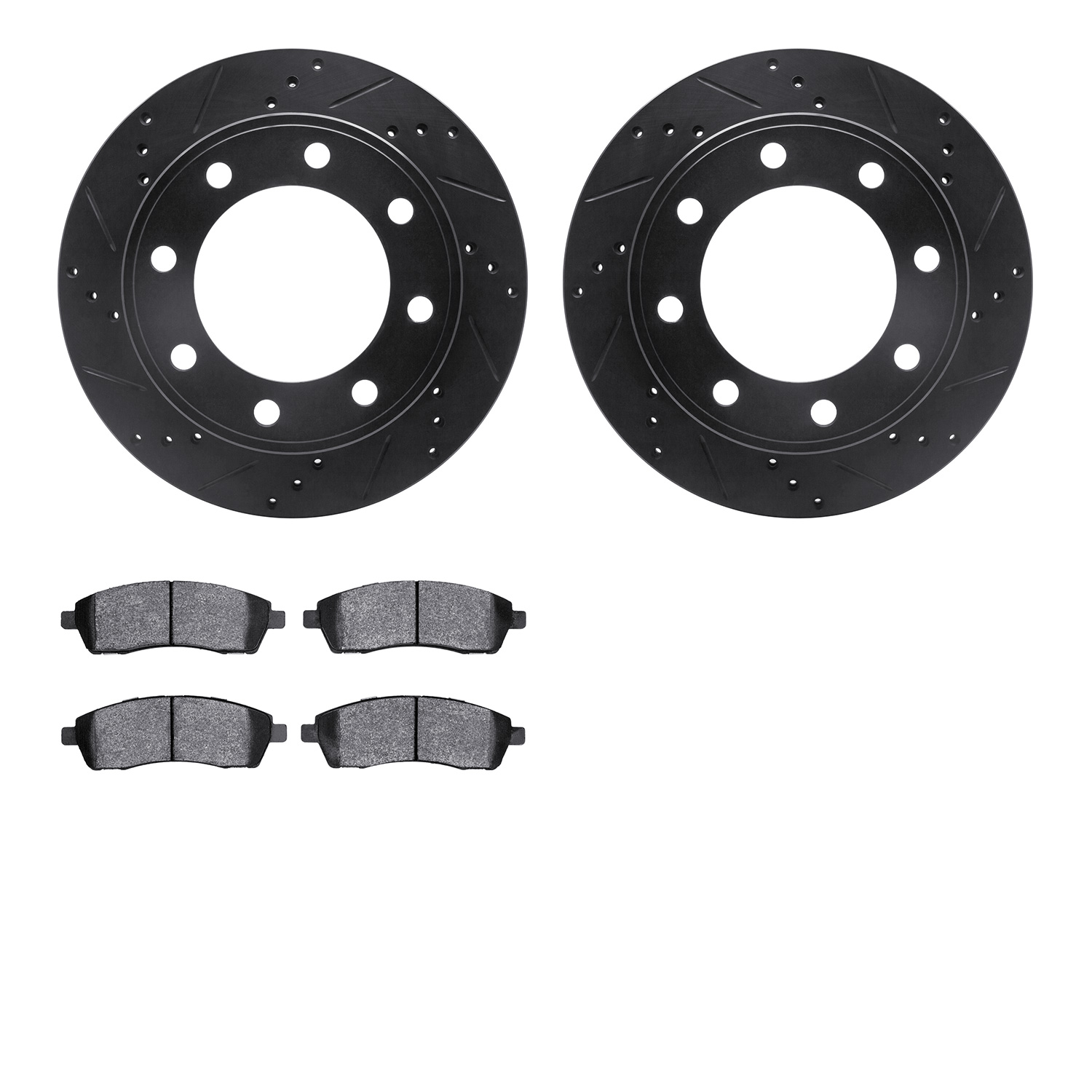 8202-99147 Drilled/Slotted Rotors w/Heavy-Duty Brake Pads Kit [Silver], 1999-2005 Ford/Lincoln/Mercury/Mazda, Position: Rear