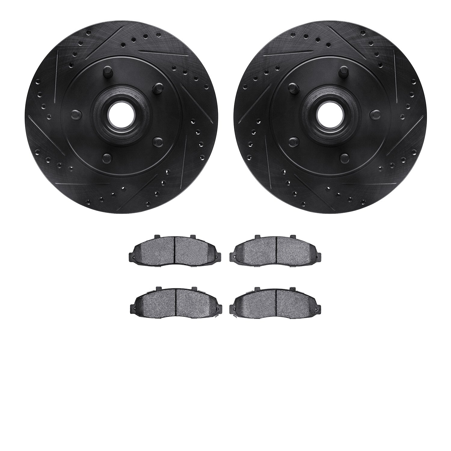 8202-99155 Drilled/Slotted Rotors w/Heavy-Duty Brake Pads Kit [Silver], 2000-2004 Ford/Lincoln/Mercury/Mazda, Position: Front