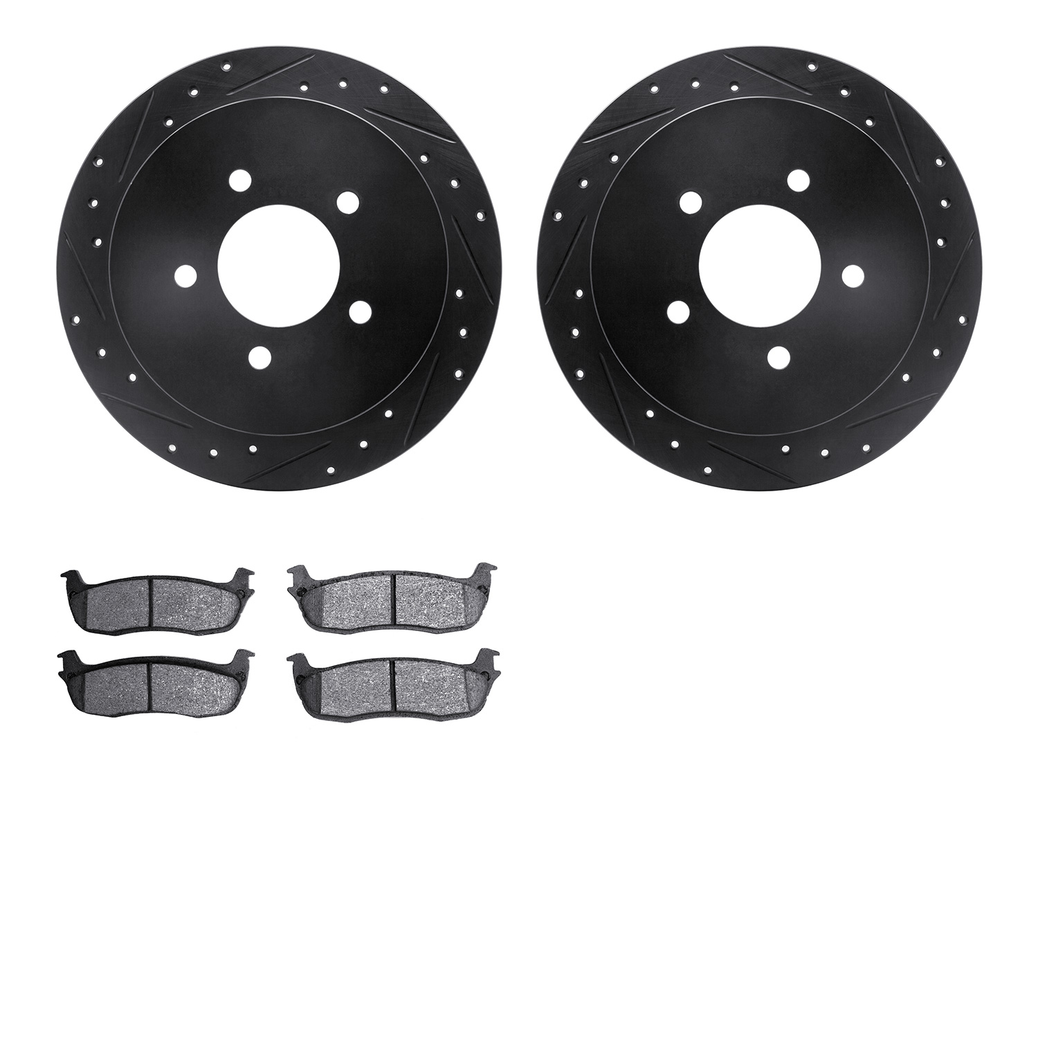 8202-99162 Drilled/Slotted Rotors w/Heavy-Duty Brake Pads Kit [Silver], 1997-2004 Ford/Lincoln/Mercury/Mazda, Position: Rear
