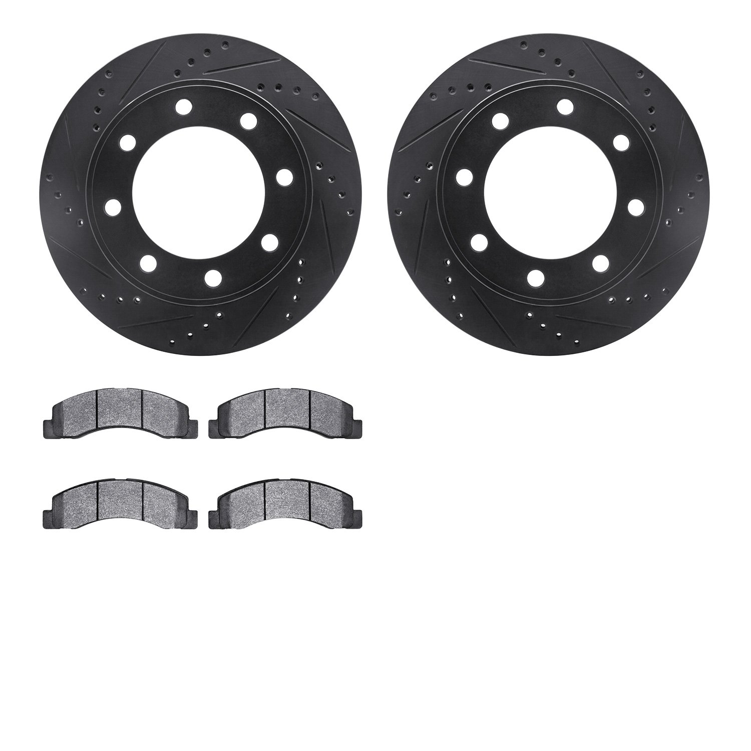 8202-99163 Drilled/Slotted Rotors w/Heavy-Duty Brake Pads Kit [Silver], 1999-2005 Ford/Lincoln/Mercury/Mazda, Position: Front