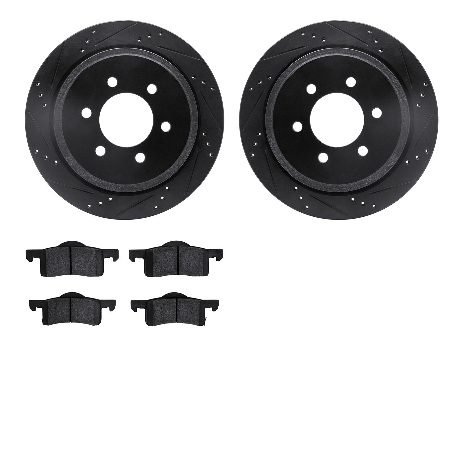 8202-99174 Drilled/Slotted Rotors w/Heavy-Duty Brake Pads Kit [Silver], 2002-2006 Ford/Lincoln/Mercury/Mazda, Position: Rear