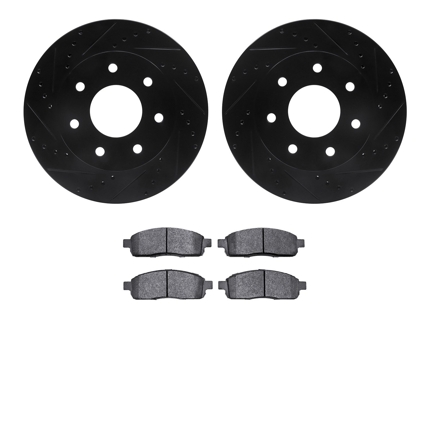 8202-99180 Drilled/Slotted Rotors w/Heavy-Duty Brake Pads Kit [Silver], 2004-2008 Ford/Lincoln/Mercury/Mazda, Position: Front
