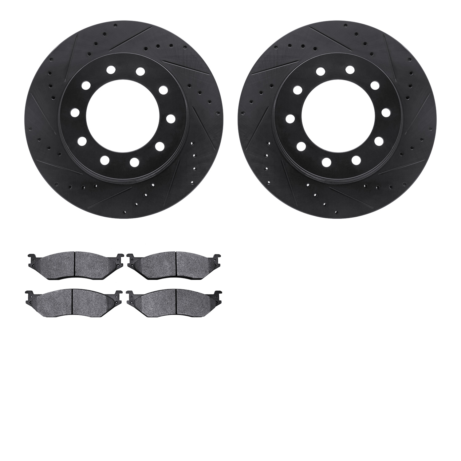 8202-99195 Drilled/Slotted Rotors w/Heavy-Duty Brake Pads Kit [Silver], 2005-2016 Ford/Lincoln/Mercury/Mazda, Position: Front