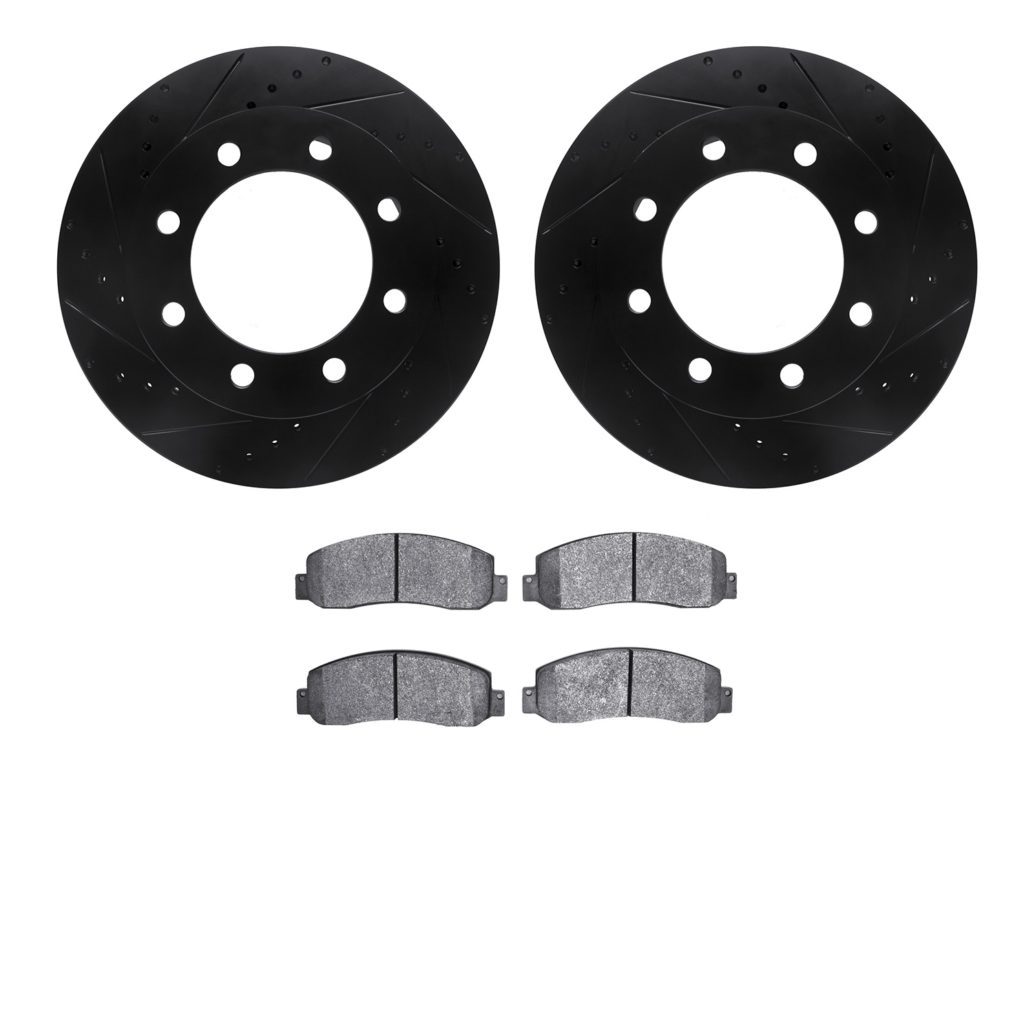 8202-99196 Drilled/Slotted Rotors w/Heavy-Duty Brake Pads Kit [Silver], 2005-2011 Ford/Lincoln/Mercury/Mazda, Position: Front