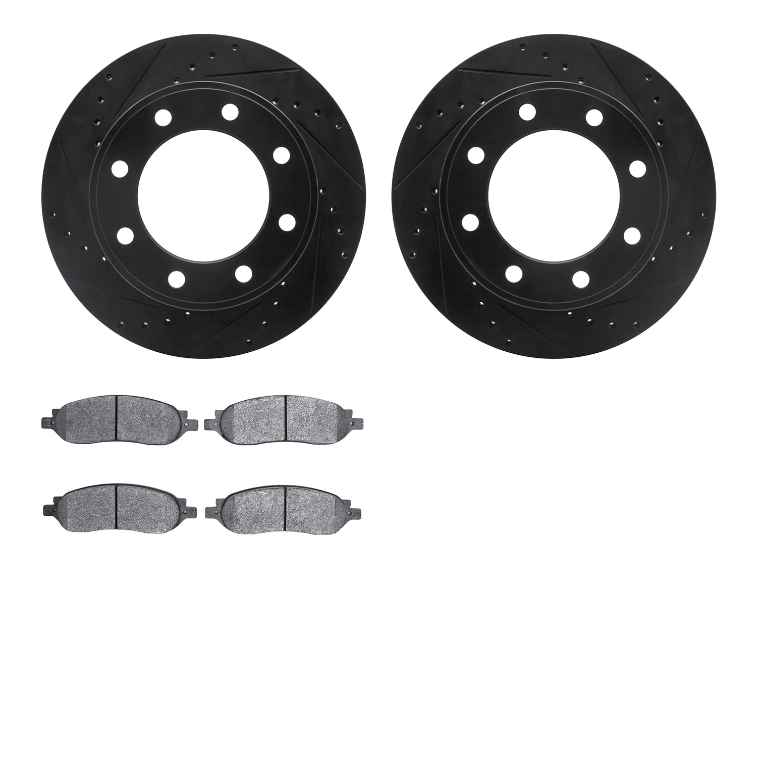 8202-99199 Drilled/Slotted Rotors w/Heavy-Duty Brake Pads Kit [Silver], 2005-2007 Ford/Lincoln/Mercury/Mazda, Position: Rear