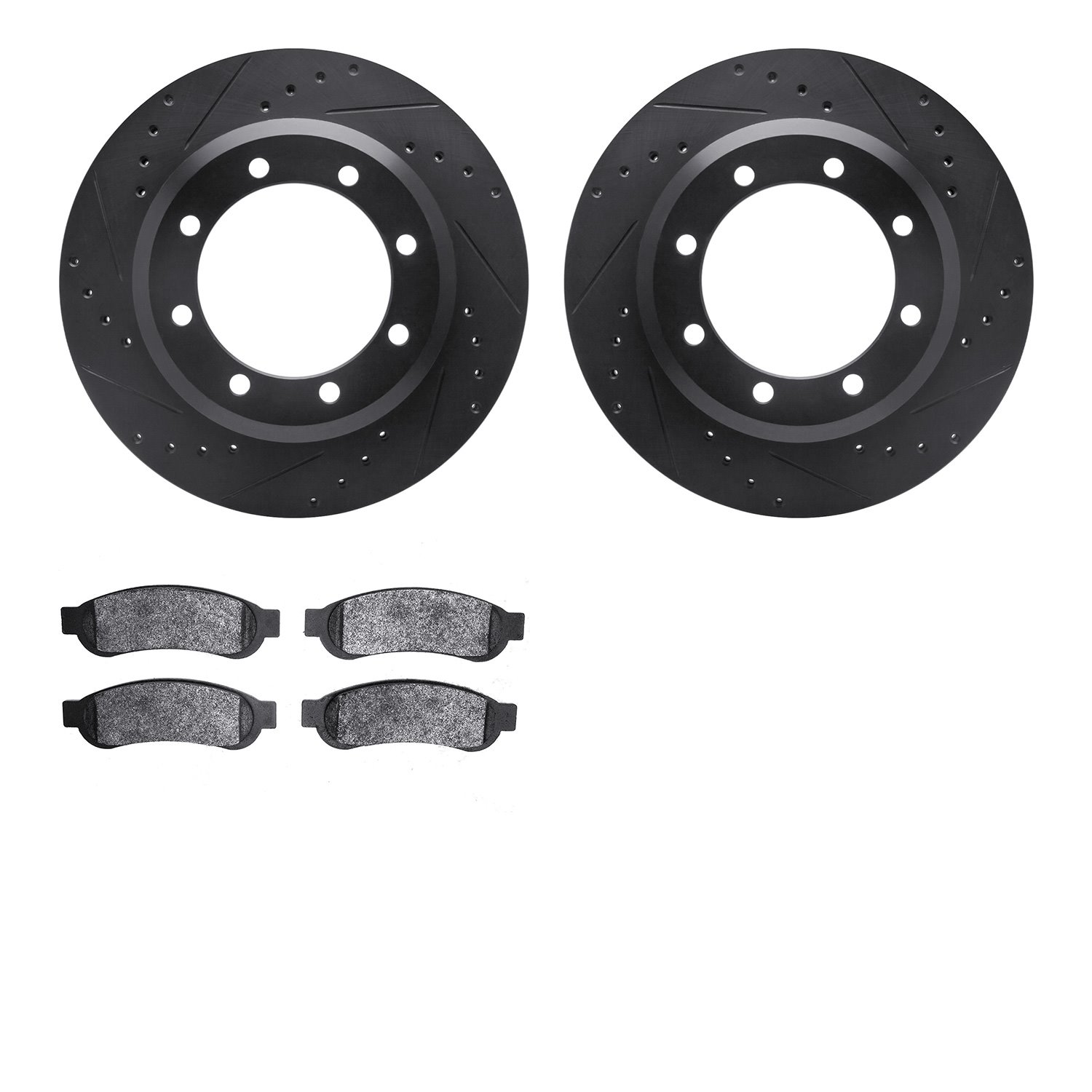 8202-99202 Drilled/Slotted Rotors w/Heavy-Duty Brake Pads Kit [Silver], 2010-2012 Ford/Lincoln/Mercury/Mazda, Position: Rear