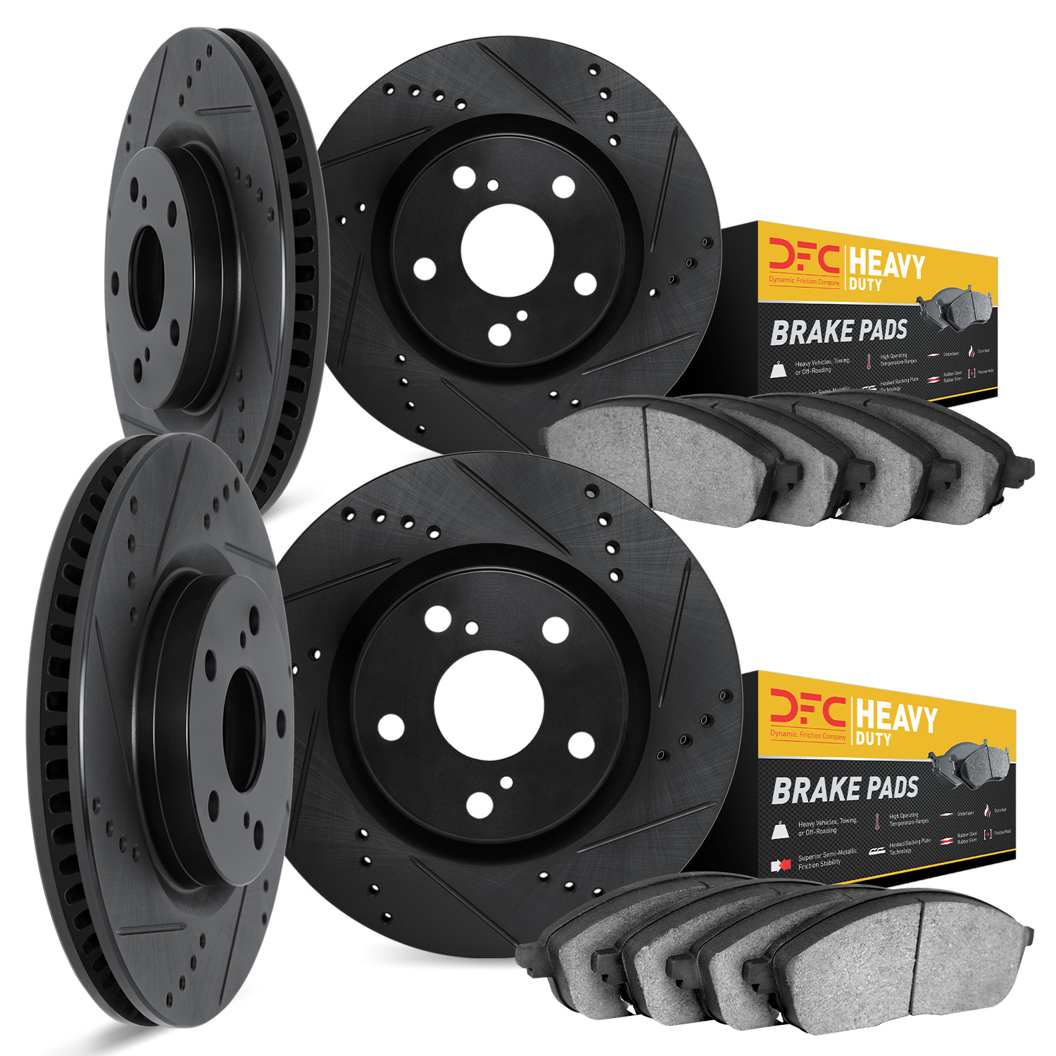 8204-39055 Drilled/Slotted Rotors w/Heavy-Duty Brake Pads Kit [Silver], Fits Select Mopar, Position: Front and Rear